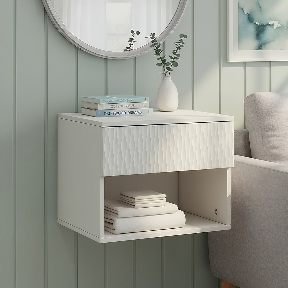 Spaco - Set of 2 Wall-Mounted Nightstands, Floating Bedside Cabinet with Drawer, Open Shelf and Carved Surface for Bedroom - White