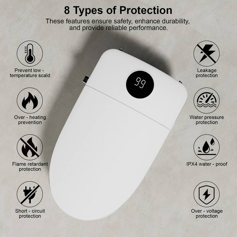 8 Types of Protection  
These features ensure safety, enhance durability, and provide reliable performance.  

- Prevent low-temperature scald  
- Over-heating prevention  
- Flame retardant protection  
- Short-circuit protection  
- Leakage protection  
- Water pressure protection  
- IPX4 water-proof  
- Over-voltage protection
