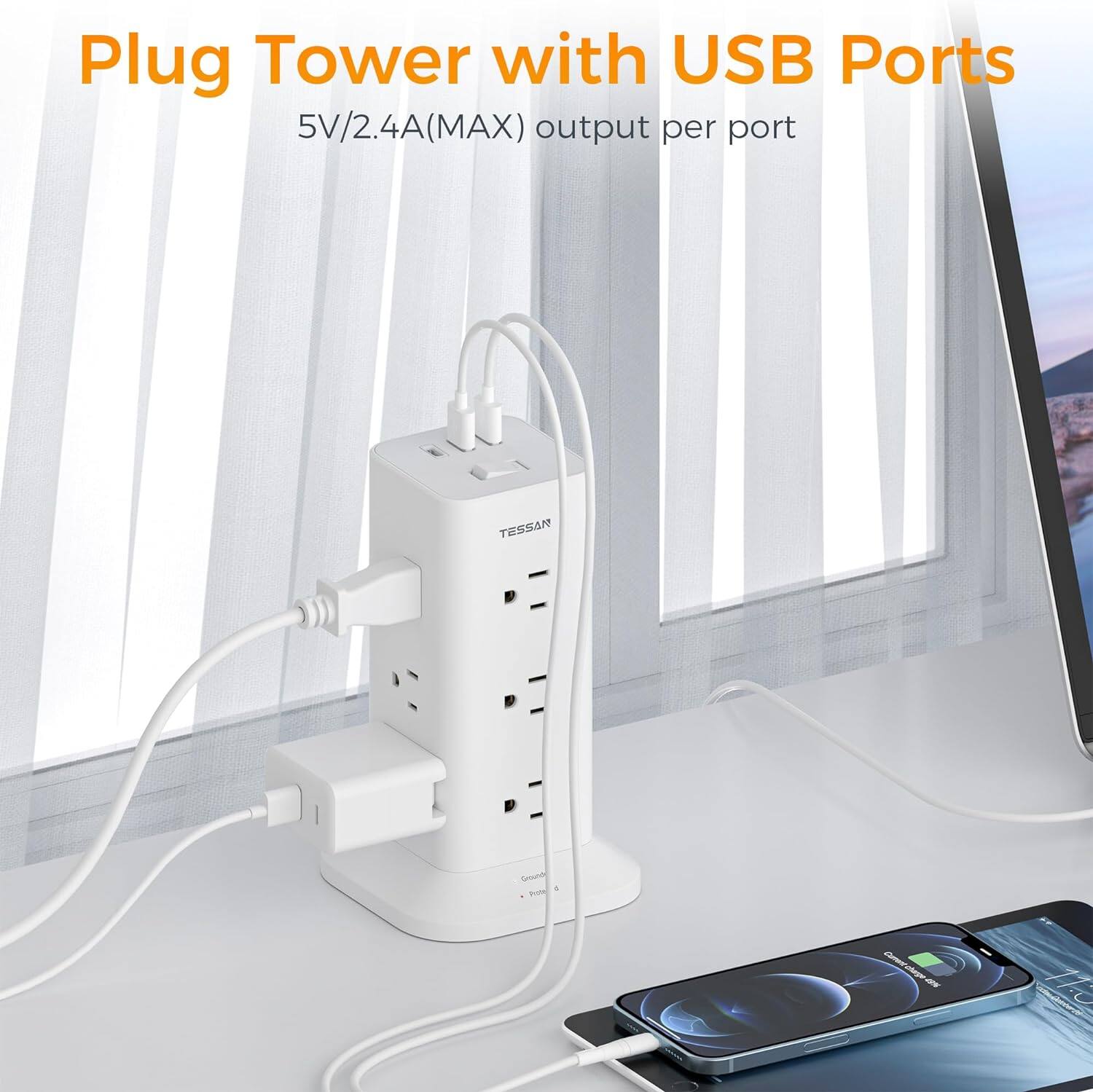 Plug Tower with USB Ports  
5V/2.4A(MAX) output per port