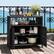 Angle. Costway - Patio Rattan Storage Cabinet with Acacia Wood Countertop Open Shelf 2 Door Cabinet - Black + Natural.