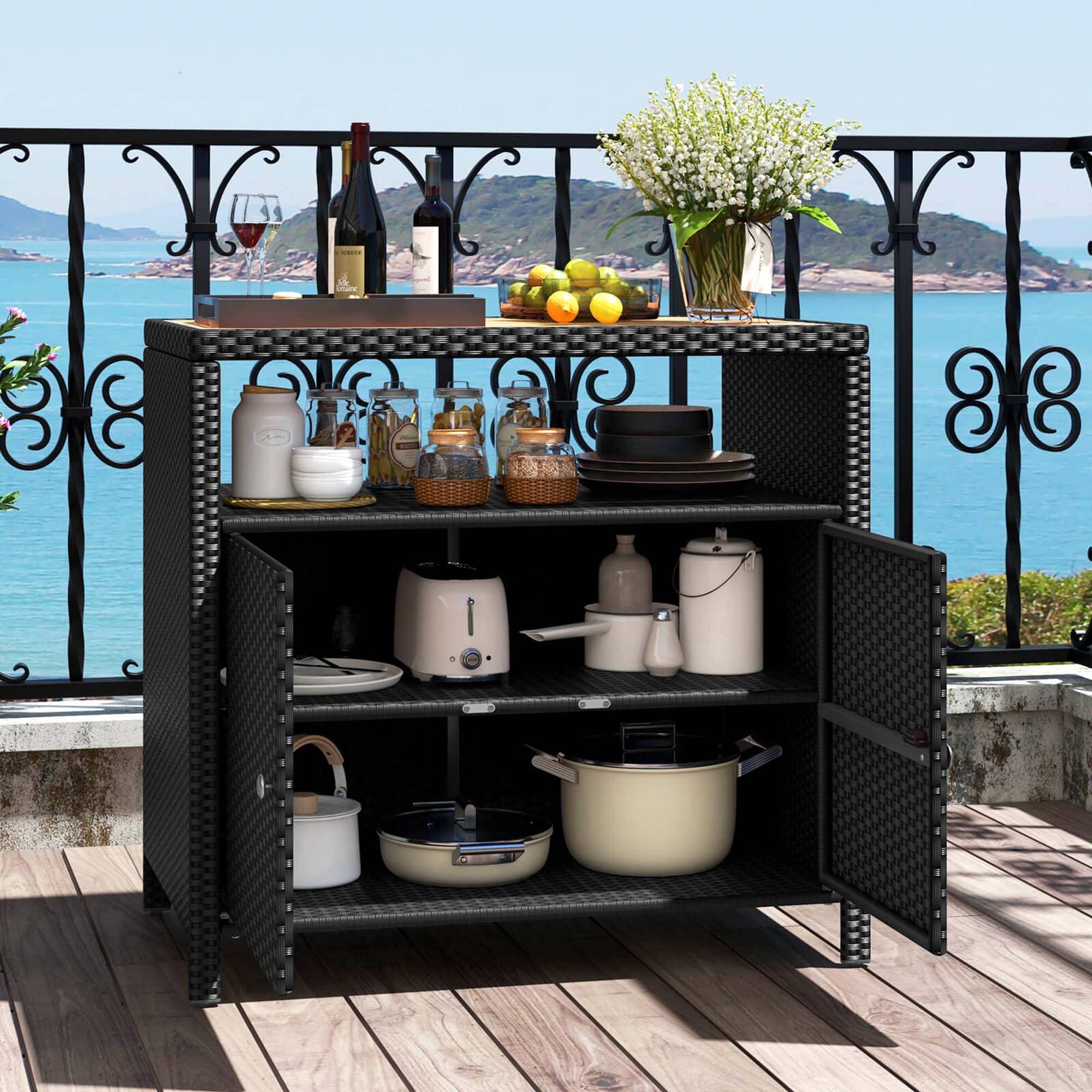 Angle. Costway - Patio Rattan Storage Cabinet with Acacia Wood Countertop Open Shelf 2 Door Cabinet - Black + Natural.
