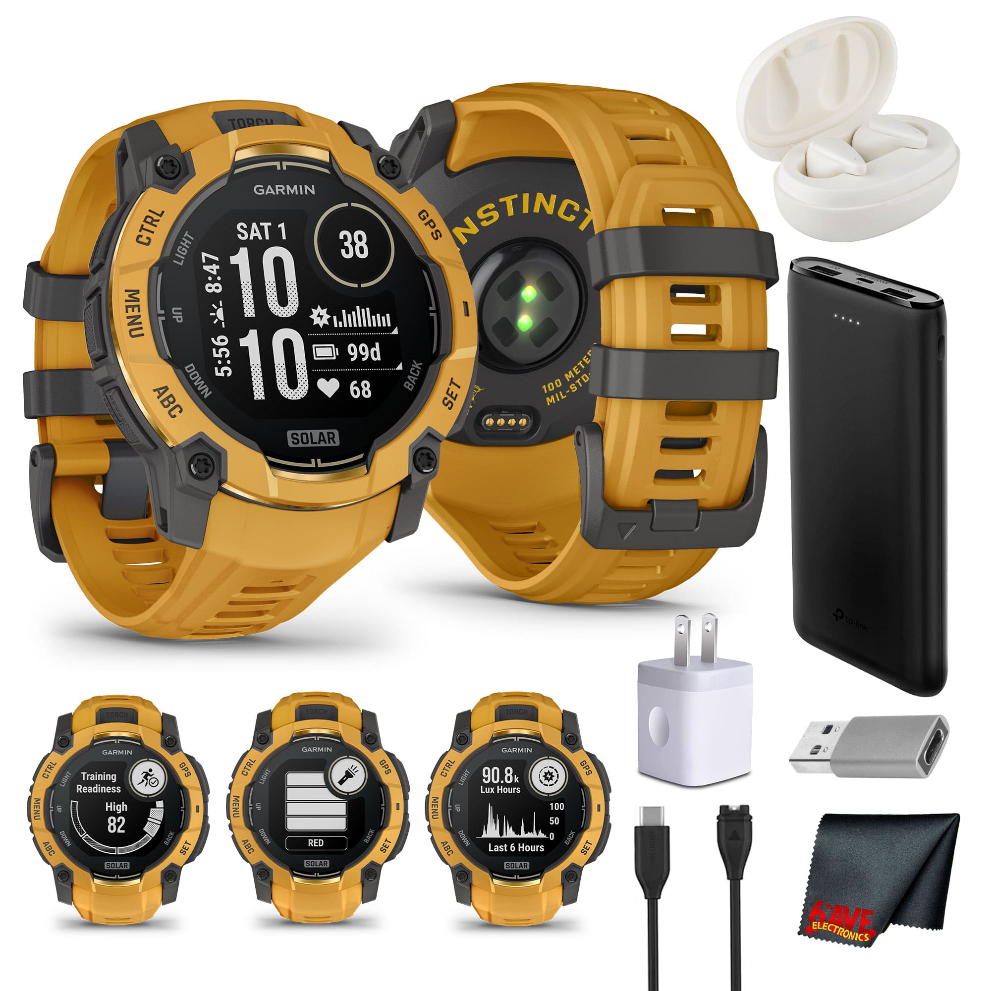 Bundle - Garmin - Instinct 3 Solar 50mm Sunburst Rugged Outdoor GPS Smartwatch - Sunburst - (2024)