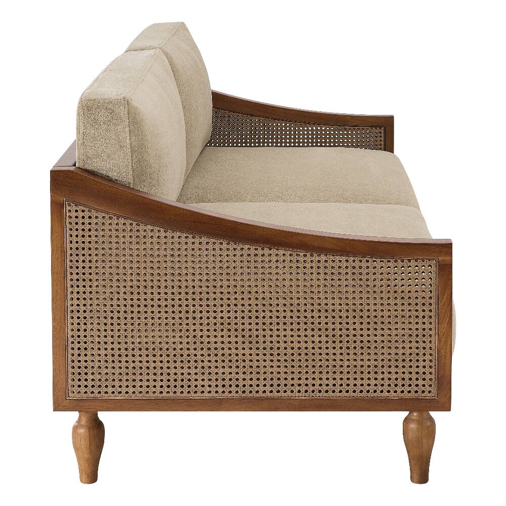 Alt View 6. Loheer - Loheer 70.9 Inch Mid-Century 3-Seater Sofa Light Brown Chenille Couch with Rattan Armrests - Light Brown.