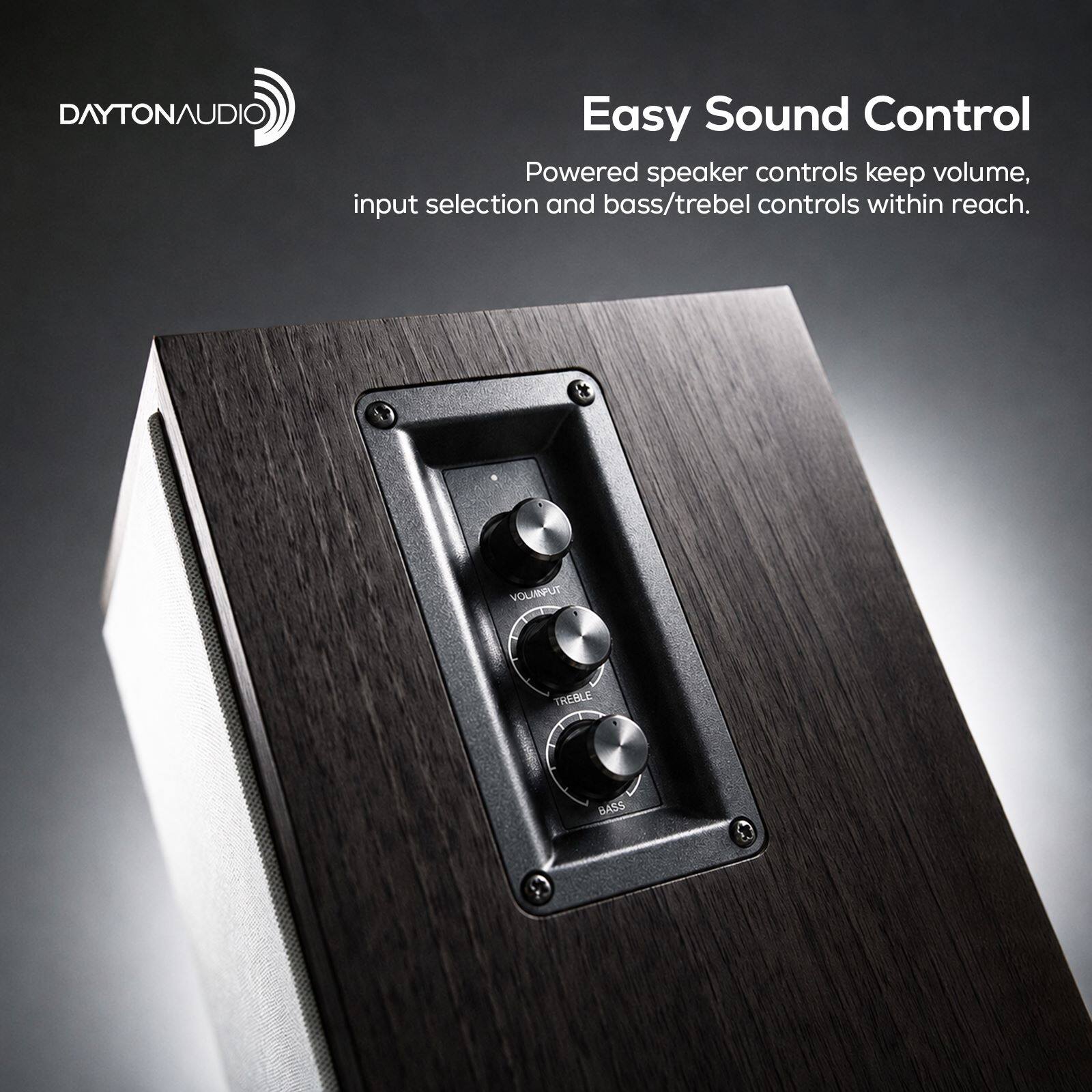 DAYTONAUDIO

Easy Sound Control
Powered speaker controls keep volume, input selection and bass/treble controls within reach.

VOLUME
INPUT
TREBLE
BASS