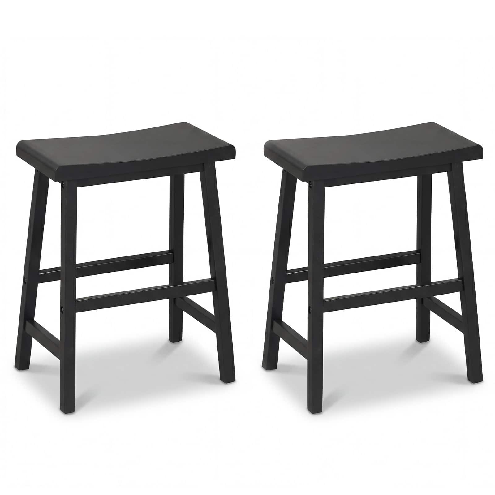 Gymax - Solid Wood Saddle Bar Stools Set of 2 Backless Wooden Barstools w/Footrests - Black