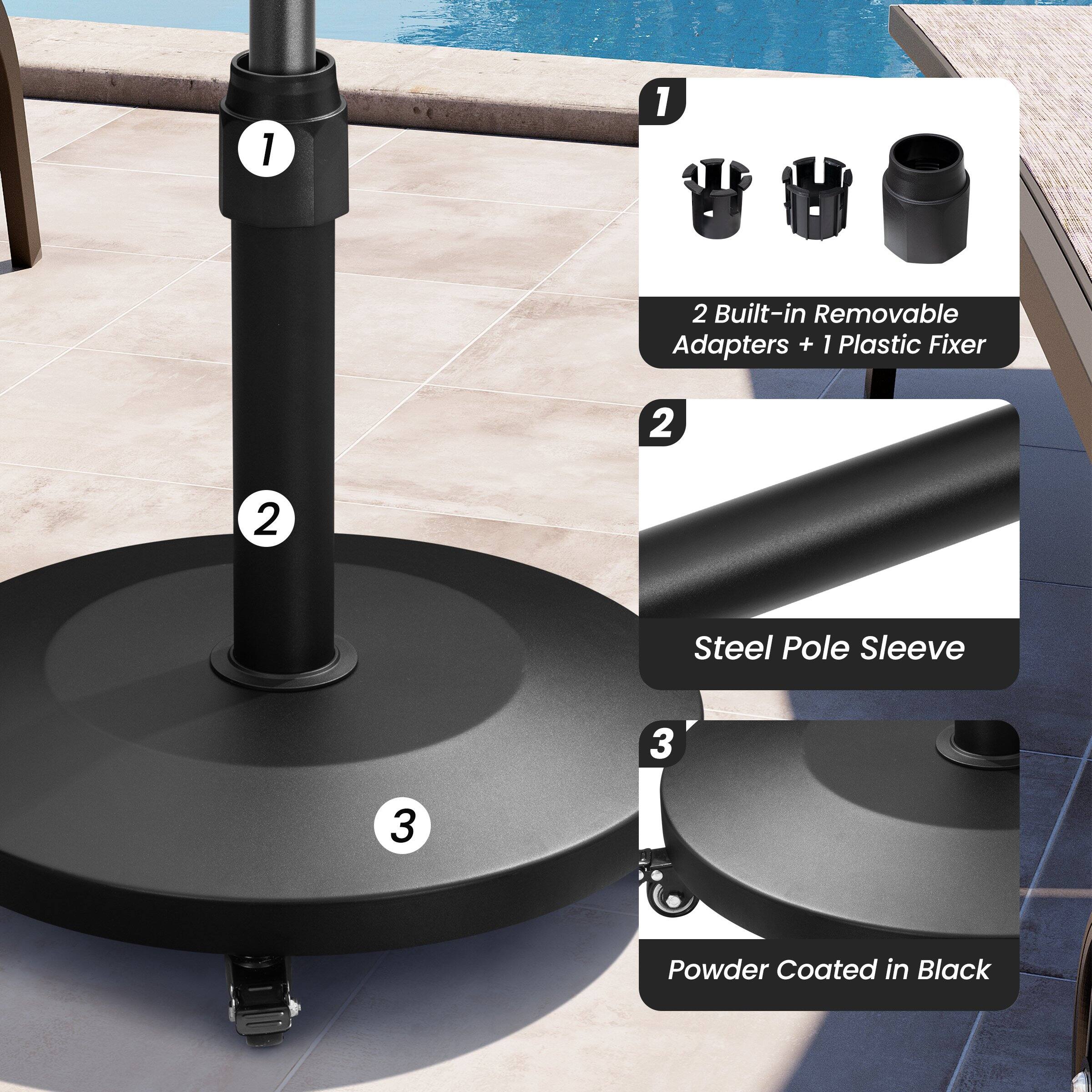 1. 2 Built-in Removable Adapters + 1 Plastic Fixer  
2. Steel Pole Sleeve  
3. Powder Coated in Black