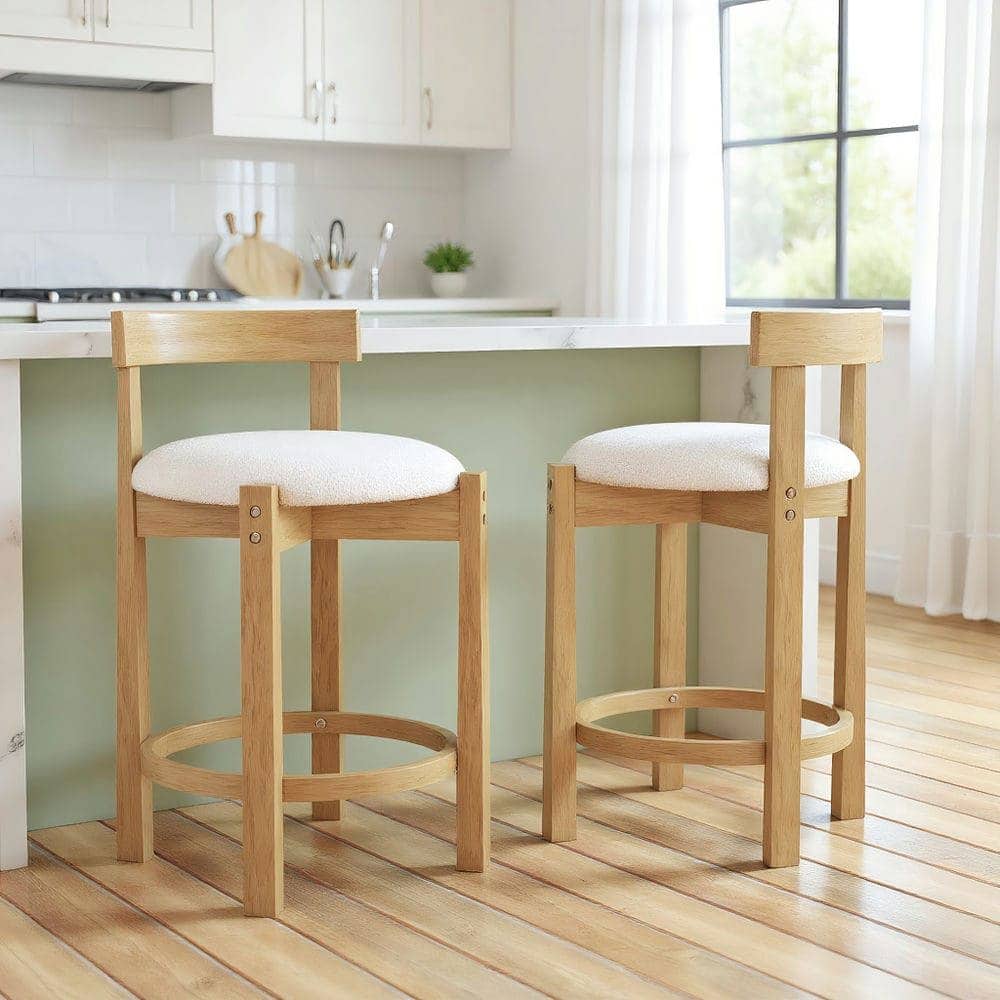 Kadyn - Set of 4 24-Inch Teddy Velvet Upholstered Counter-Height Bar Stools with Backrests and Footrests, Natural and - Beige