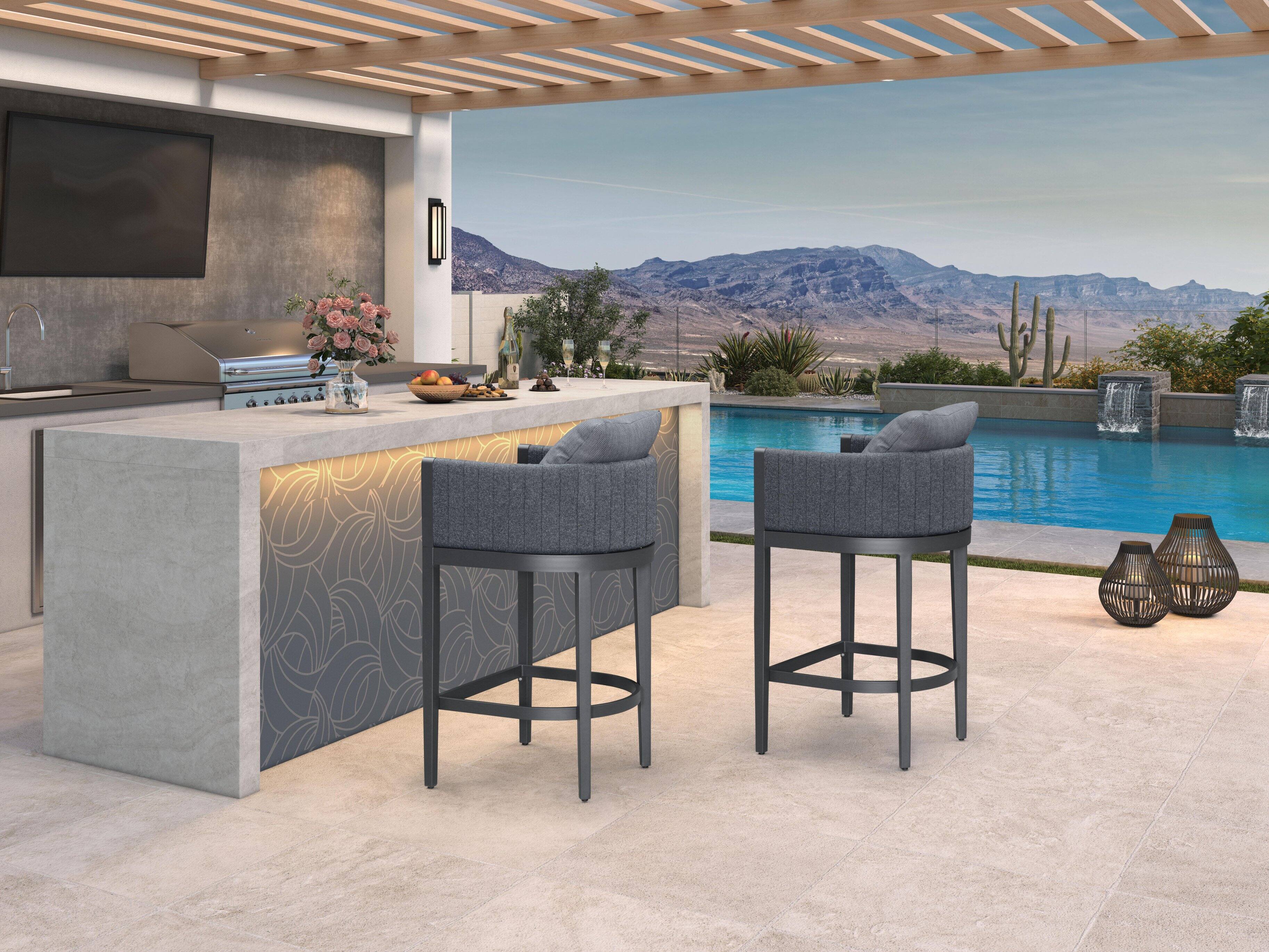 Alt View 2. PURPLE LEAF - Outdoor Bar Height Stool Set of 2 Aluminum Modern Olefin Barstools with Backrest Pillow for Garden Balcony Lawn - Grey & Square Base-Bar Stool.