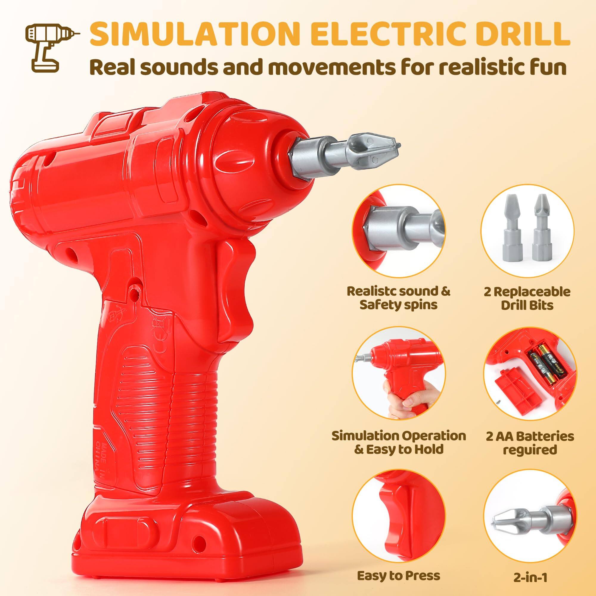 SIMULATION ELECTRIC DRILL  
Real sounds and movements for realistic fun  

- Realistic sound & Safety spins  
- 2 Replaceable Drill Bits  
- Simulation Operation & Easy to Hold  
- 2 AA Batteries required  
- Easy to Press  
- 2-in-1