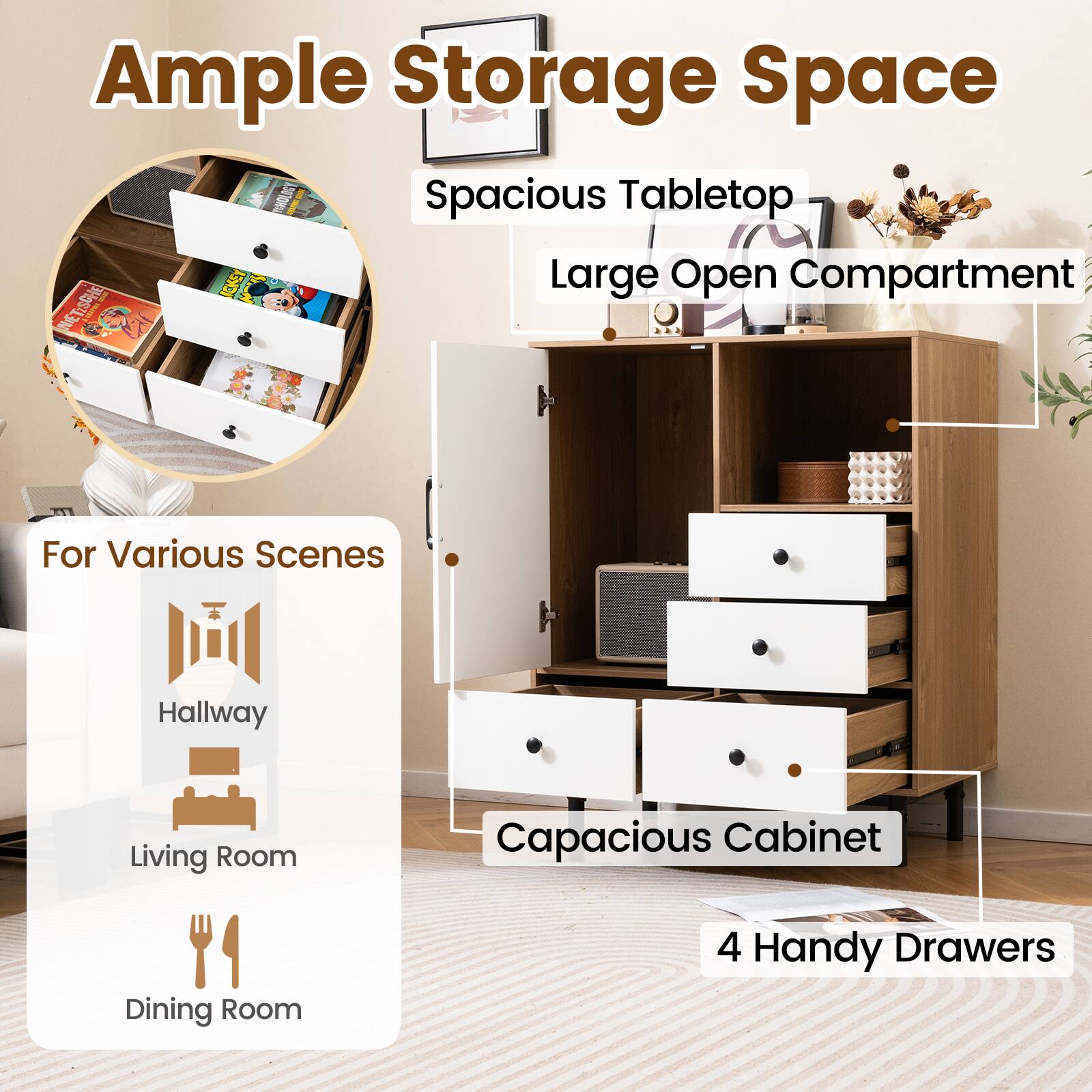 Ample Storage Space

- Spacious Tabletop
- Large Open Compartment

For Various Scenes
- Hallway
- Living Room
- Dining Room

Capacious Cabinet
- 4 Handy Drawers