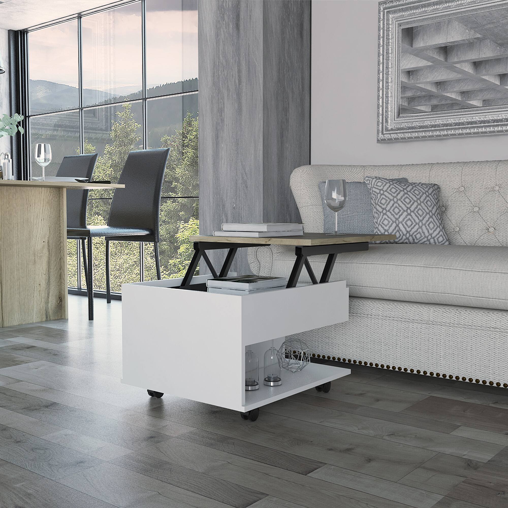 Alt View 1. TuHome - Luanda Lift Top Coffee Table, Casters, One Shelf - White / Light Oak.