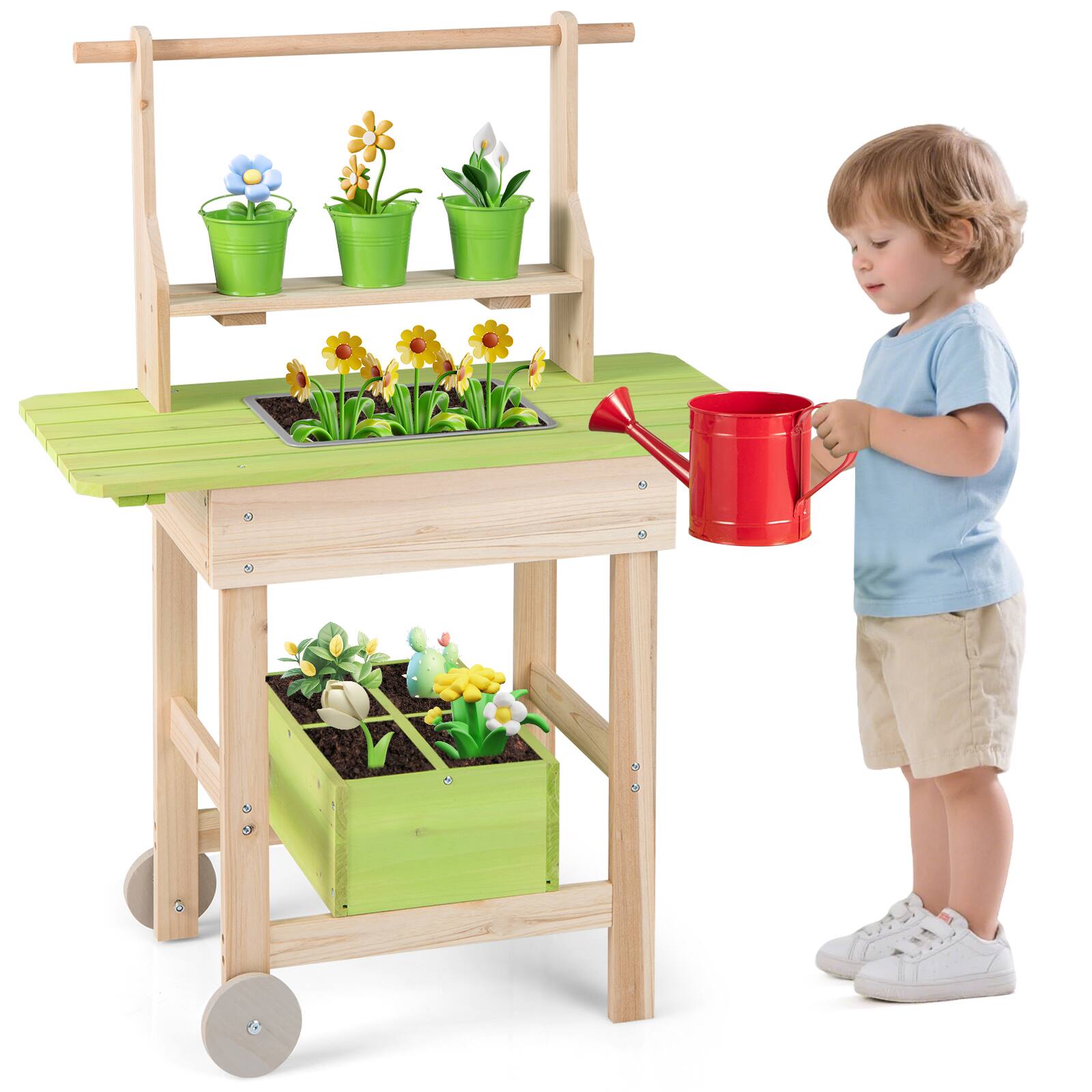 Alt View 9. Costway - Costway Kids Mud Kitchen with Removable Pots Watering Can Planting Trough Shelf Storage Box - Natural & Green.