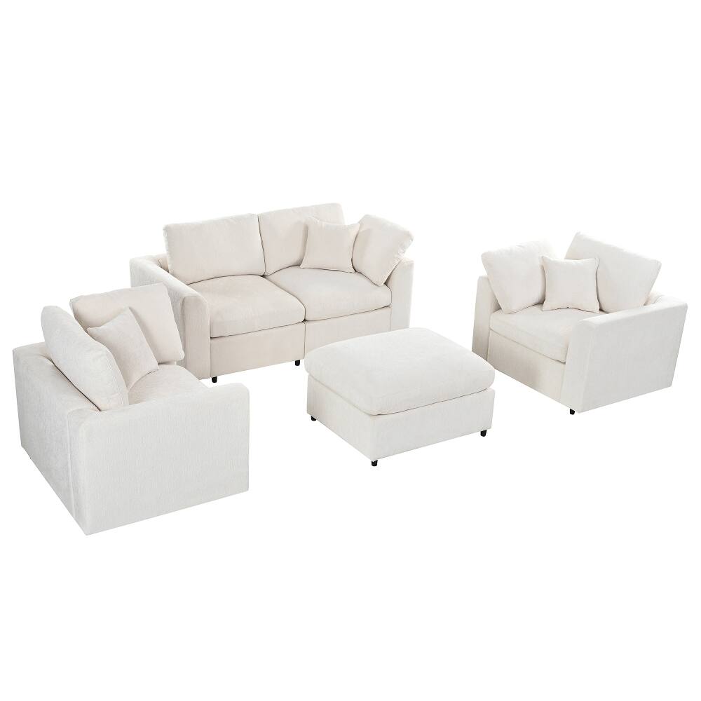 Back. Loheer - Loheer 4-Piece Sofa Set Chenille Modern Living Room Furniture Loveseat Accent Chairs Ottoman - Beige.
