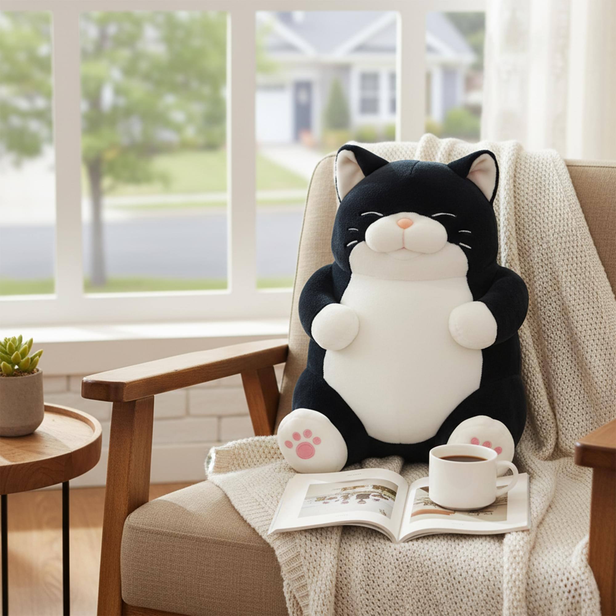 Alt View 3. New Era Distribution - Chubby Meow 12 Inch Plush Pillow | Black - Black.