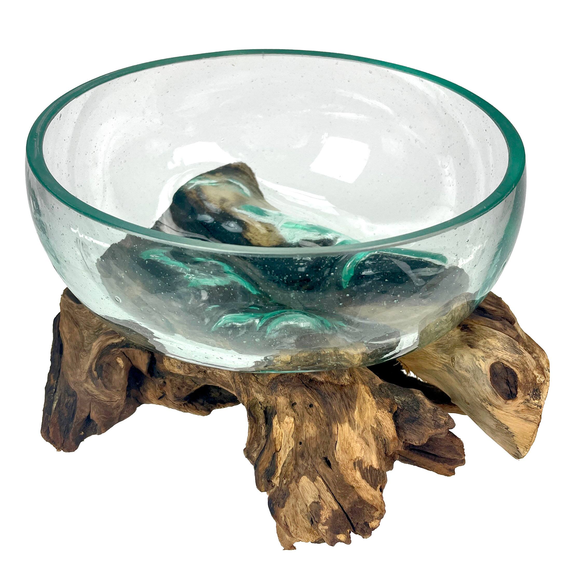 Things2Die4 - Molten Glass Bowl on Driftwood 10" Hand Blown Decorative Centerpiece Planter - Natural