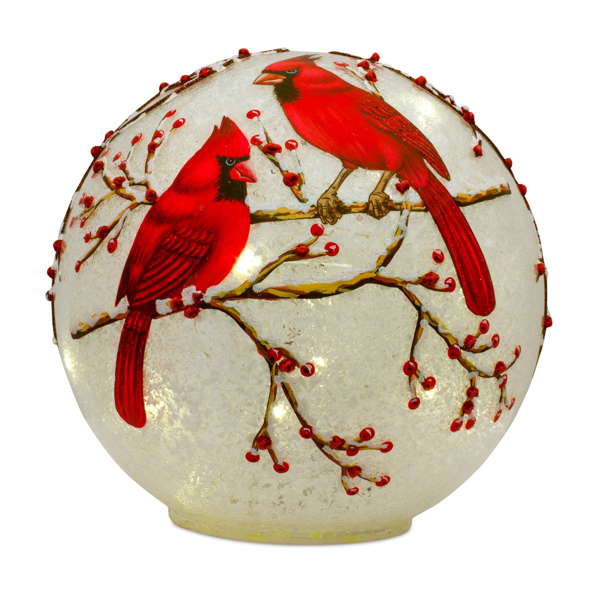 Back. BreeBe - LED Frosted Cardinal Orb with Berry Branch Design (Set of 3) - White, Red.