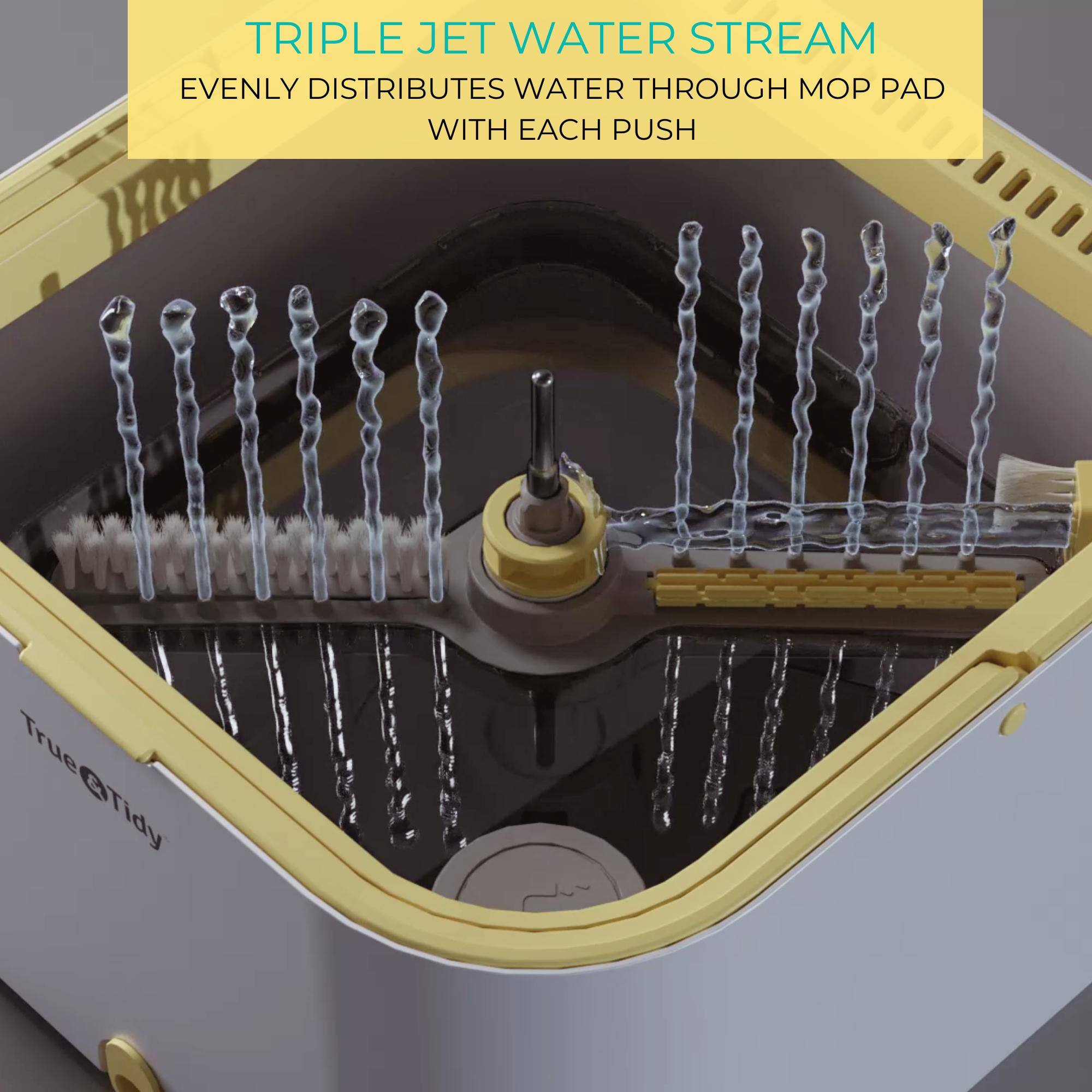 TRIPLE JET WATER STREAM  
EVENLY DISTRIBUTES WATER THROUGH MOP PAD WITH EACH PUSH