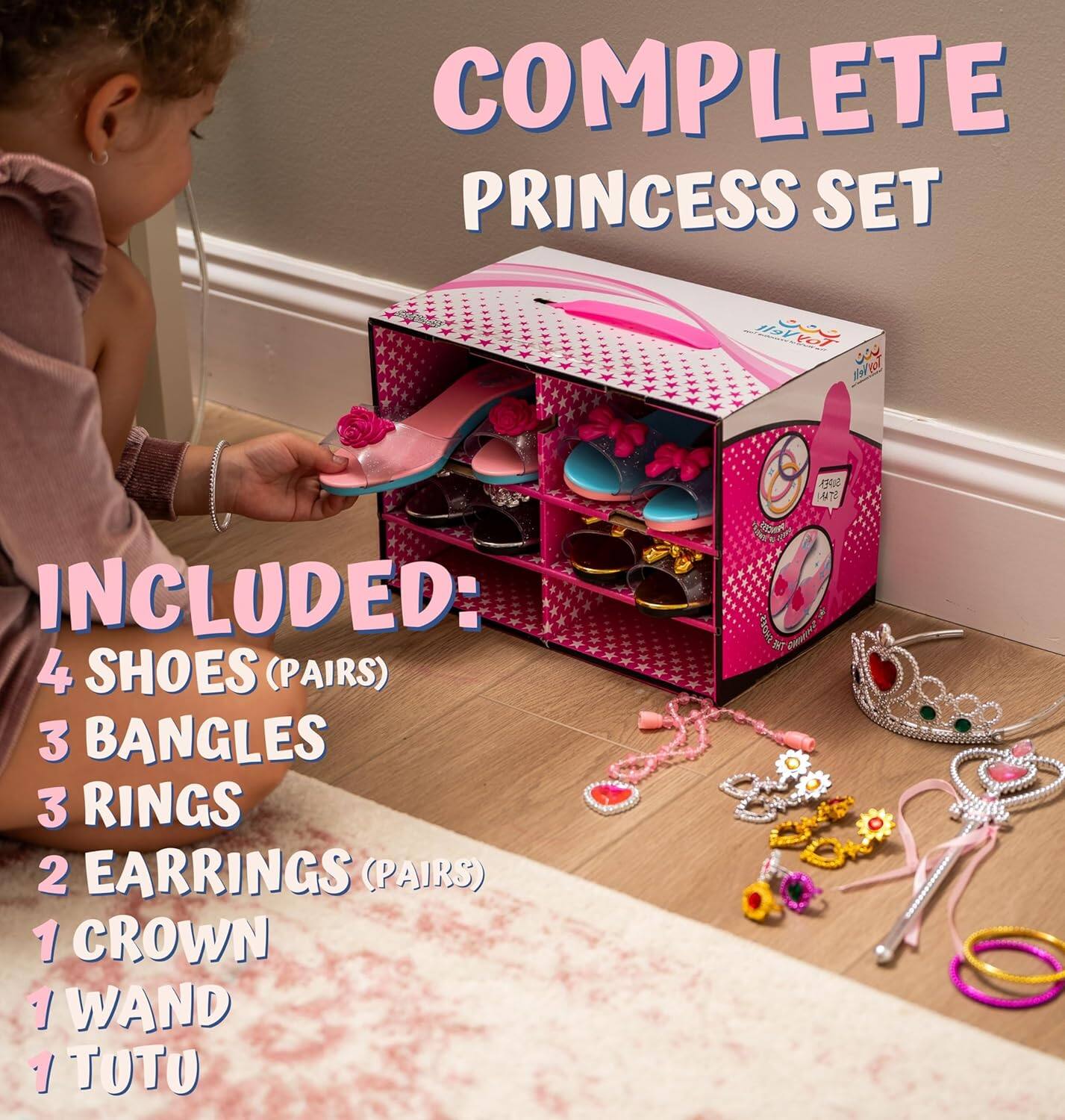 COMPLETE PRINCESS SET

INCLUDED:
4 SHOES (PAIRS)
3 BANGLES
3 RINGS
2 EARRINGS (PAIRS)
1 CROWN
1 WAND
1 TOTU