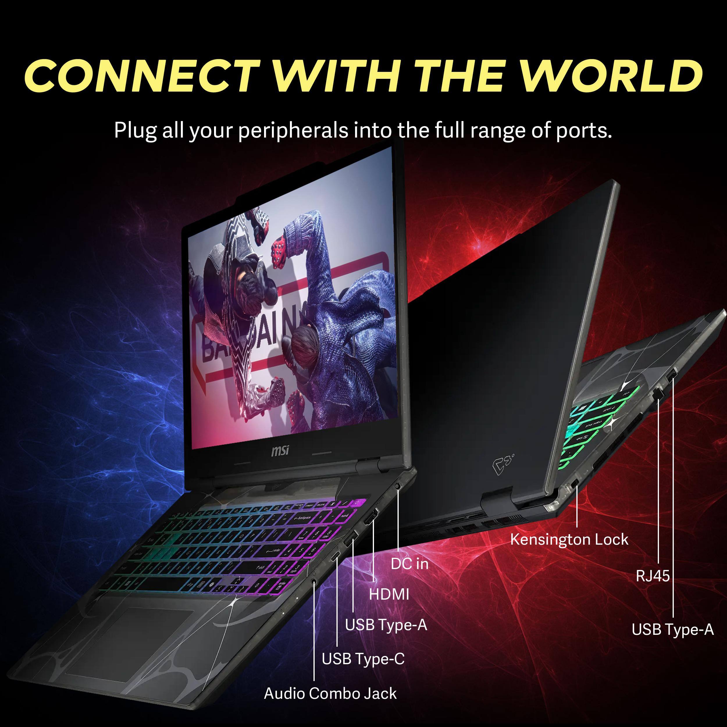 CONNECT WITH THE WORLD  
Plug all your peripherals into the full range of ports.  

- Kensington Lock  
- RJ45  
- USB Type-A  
- USB Type-C  
- Audio Combo Jack  
- DC in  
- HDMI