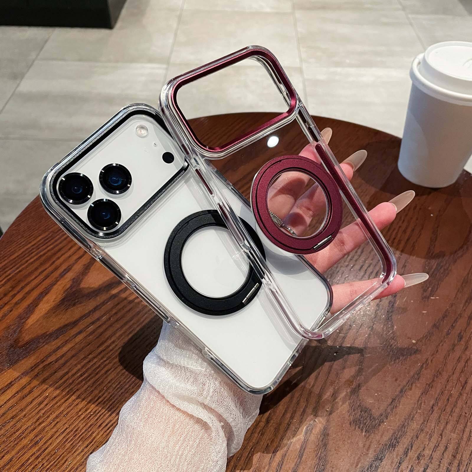 Left. Dteck - Anti-Scratch Clear Case for Apple iPhone 17 Pro Max with 360 Rotating Kickstand & Camera Lens Protector Shockproof Cover - Pink.