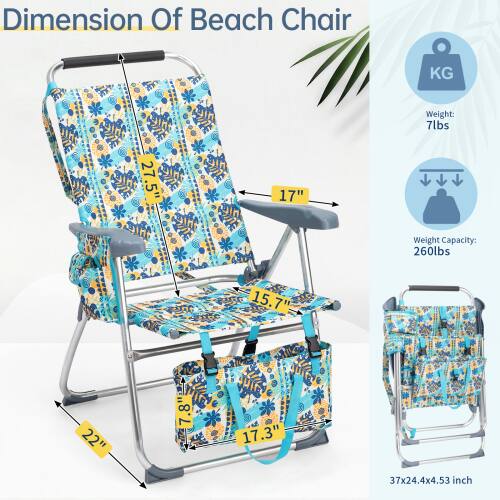 Dimension Of Beach Chair  
KG Weight: 7lbs  
27.5" 17"  
Weight Capacity: 260lbs  
15.7" 22" 7.8" 17.3"  
37x24.4x4.53 inch