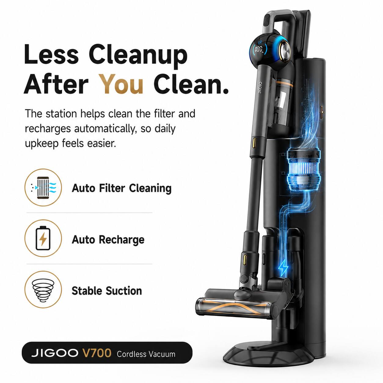 Less Cleanup After You Clean.  
The station helps clean the filter and recharges automatically, so daily upkeep feels easier.  

- Auto Filter Cleaning  
- Auto Recharge  
- Stable Suction  

JIGOO V700 Cordless Vacuum