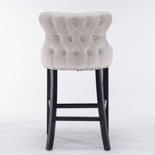 Alt View 1. LUCKY ONE - Assembled Wing-Back Velvet Bar Stool Set of 2 Button Tufted Wood Legs Chrome Nailhead Trim - Beige.