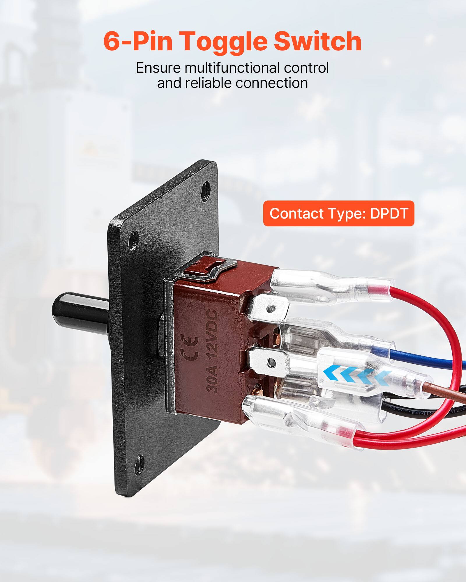 6-Pin Toggle Switch  
Ensure multifunctional control and reliable connection  
Contact Type: DPDT  
CE 12VDC 30A