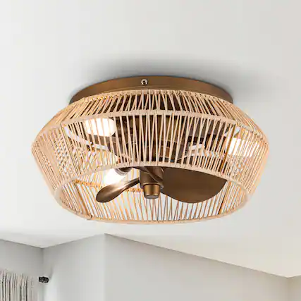 Front. Parrot Uncle - 13.5" Brushed Bronze Cage Low Profile Flush Mount Ceiling Fan with Lights and Remote - Bronze.