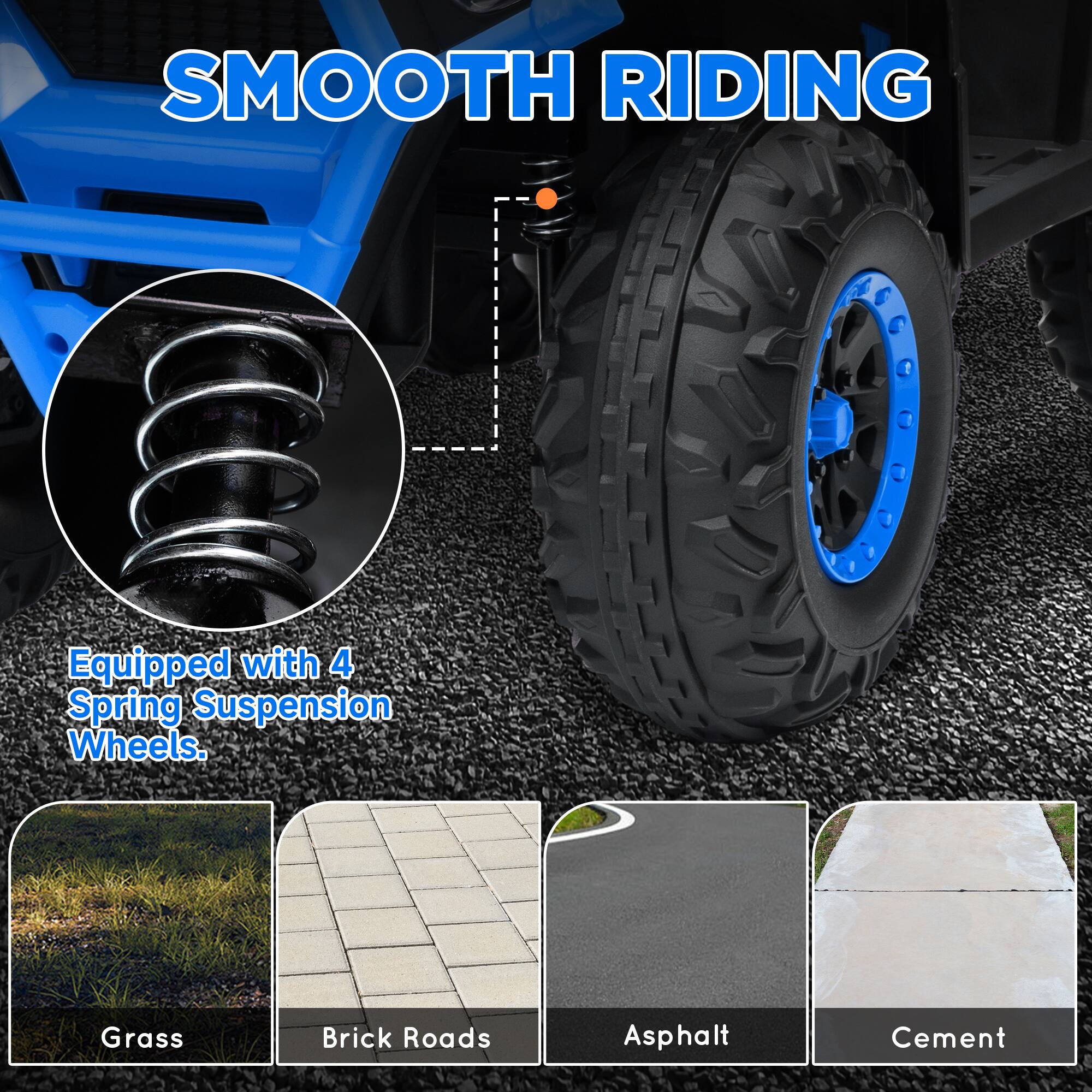SMOOTH RIDING

Equipped with 4 Spring Suspension Wheels.

Grass  
Brick Roads  
Asphalt  
Cement