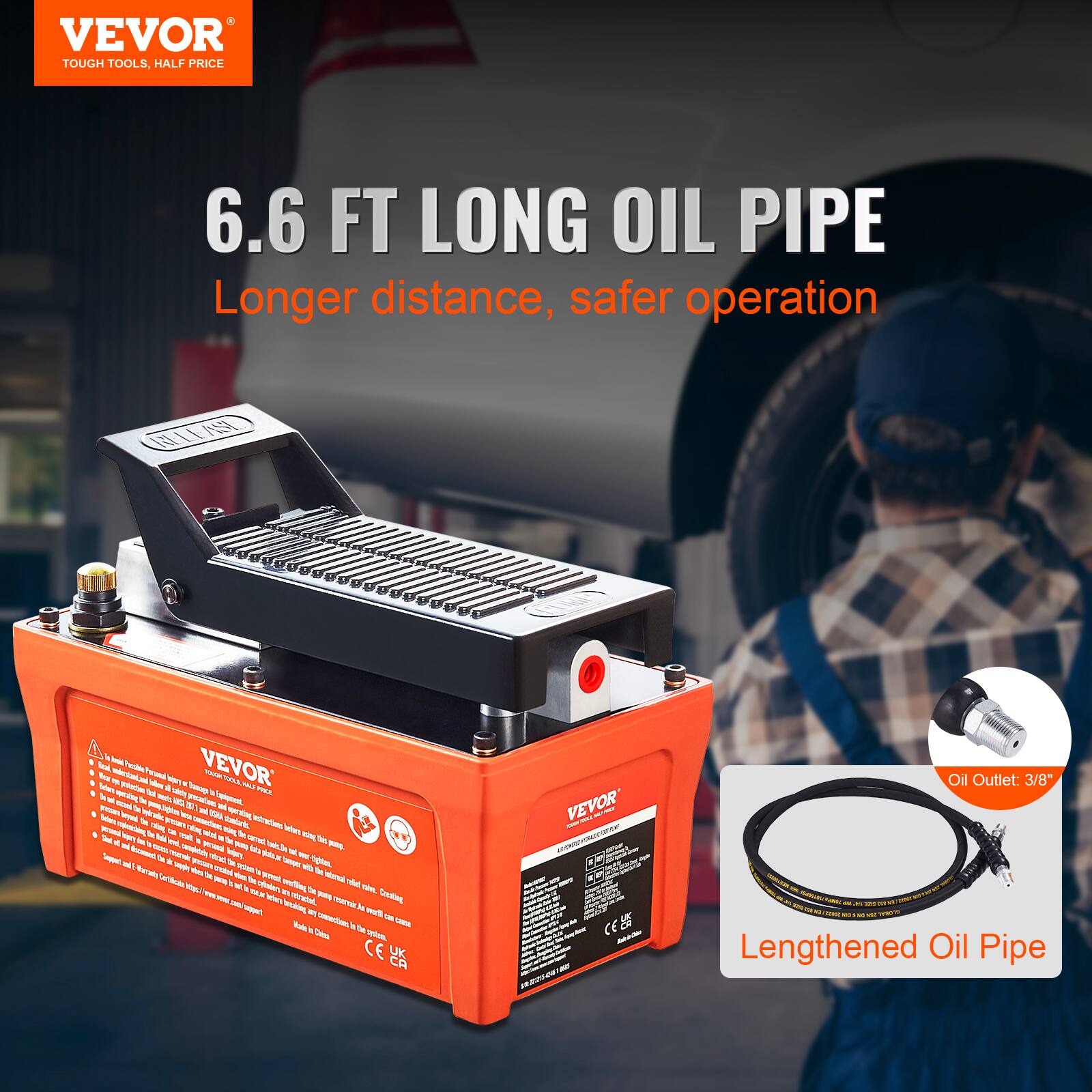 VEVOR TOUGH TOOLS, HALF PRICE  
6.6 FT LONG OIL PIPE  
Longer distance, safer operation  

VEVOR  
Oil Outlet: 3/8"  
Lengthened Oil Pipe