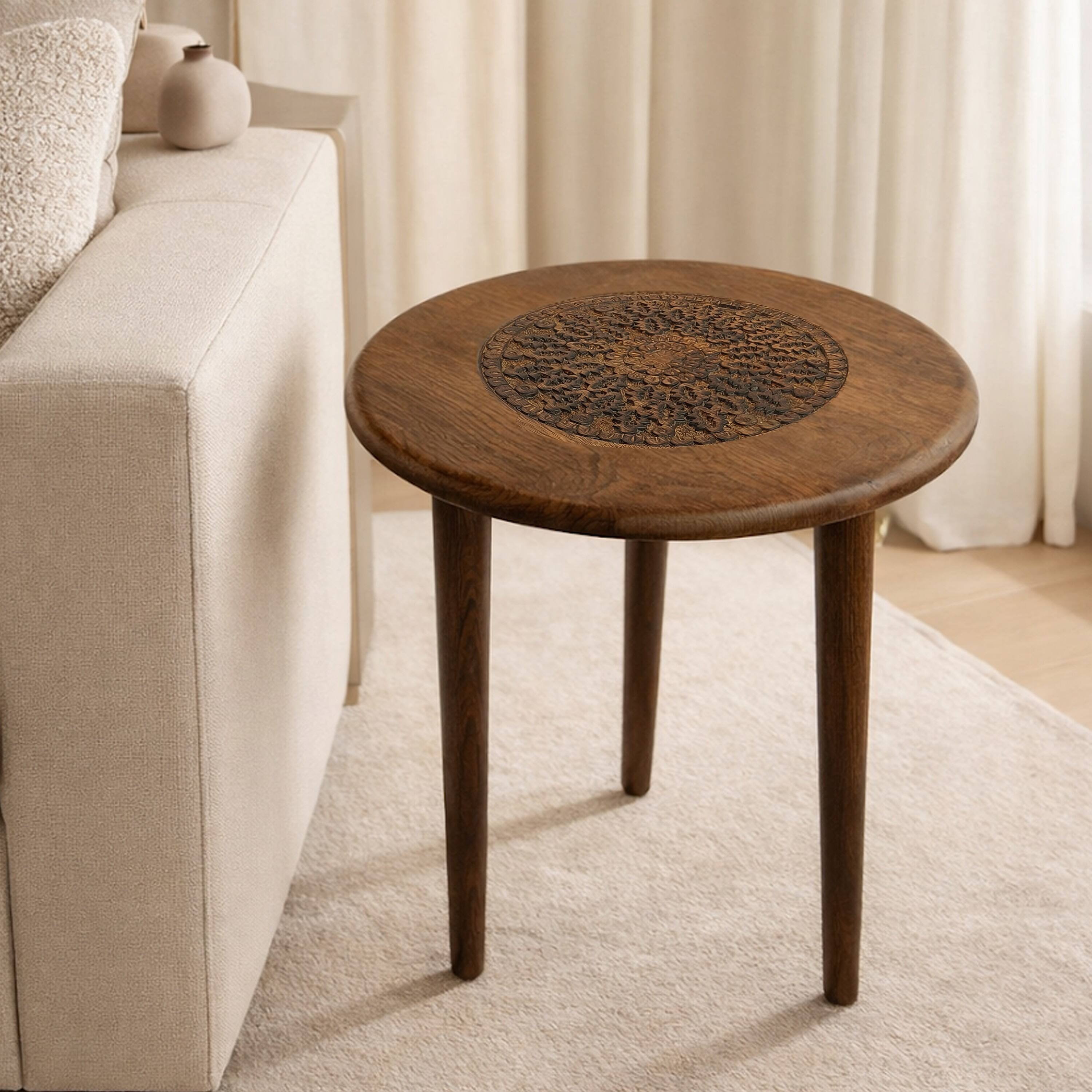 Alt View 5. Manhattan Lane - Ama 22 Inch Side End Table, Round Top, Indian Mandala Floral Carving, 3 Legs, Brown Mango Wood - Brown.