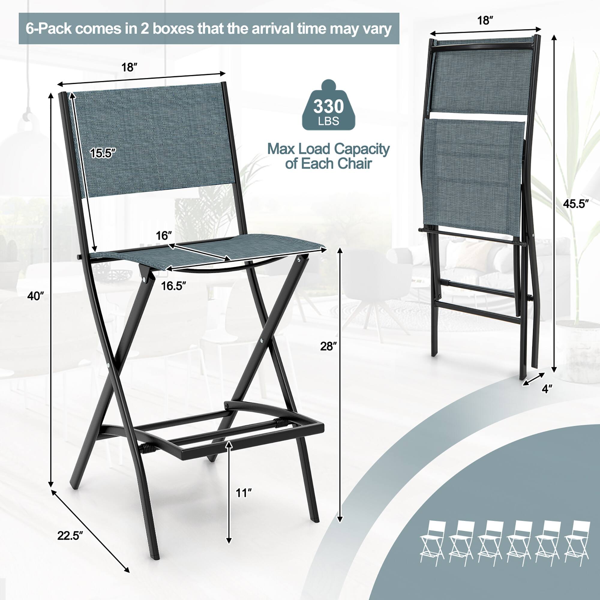 The text on the image can be grouped and corrected as follows:

- **6-Pack comes in 2 boxes that the arrival time may vary.**
- **Dimensions:**
  - Seat width: 18"
  - Seat depth: 16"
  - Back height: 45.5"
  - Overall height: 40"
  - Overall width: 28"
  - Overall depth: 16.5"
  - Armrest height: 15.5"
  - Seat height: 11"
  - Leg width: 22.5"
- **Max Load Capacity of Each Chair:** 330 LBS