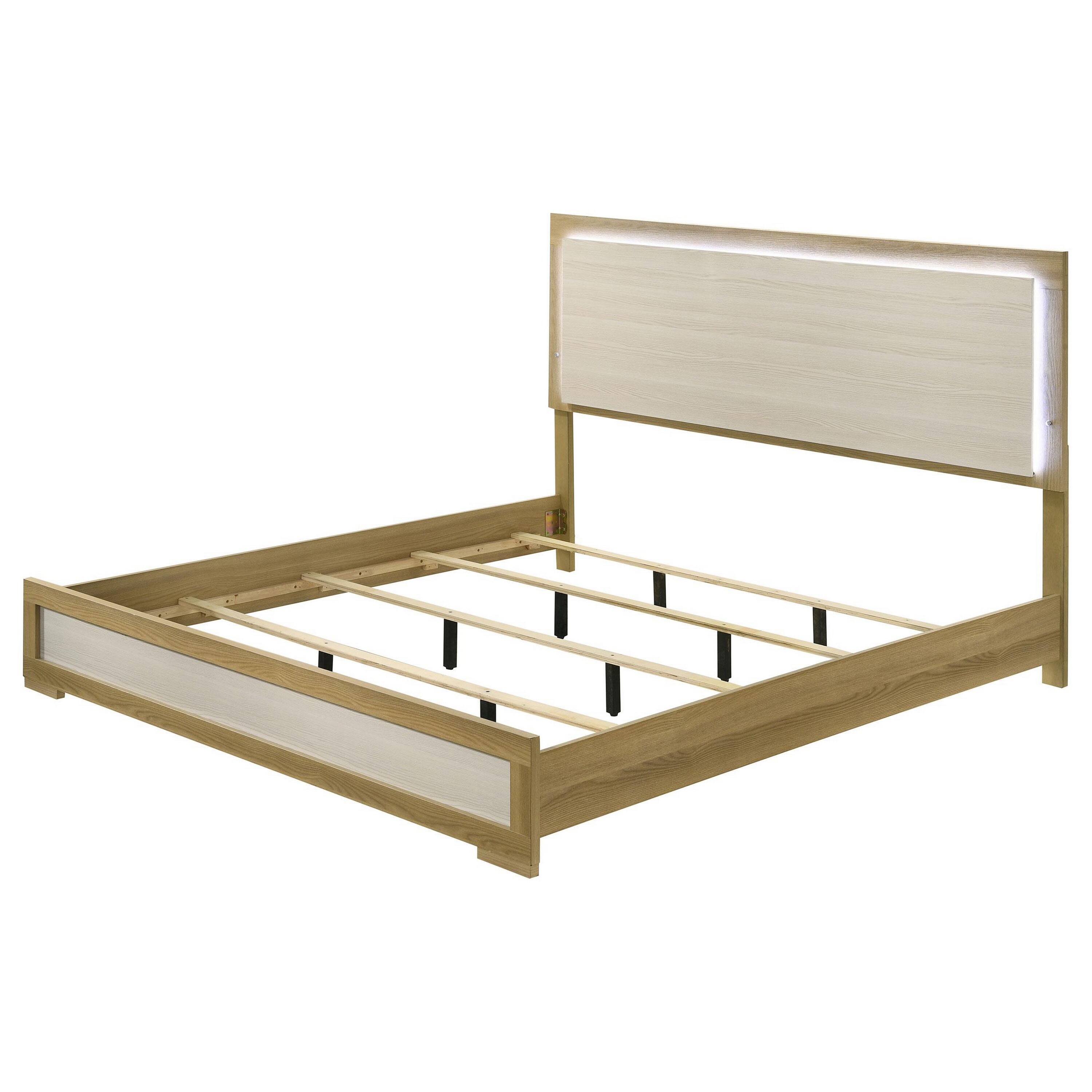 Alt View 3. Manhattan Lane - Hyle King Size Bed, Natural Brown Hardwood, LED Backlit Headboard - Natural Brown, White.