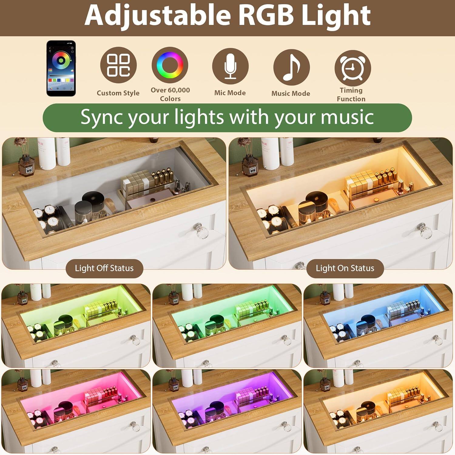 Adjustable RGB Light

Custom Style  
Over 60,000 Colors  
Mic Mode  
Music Mode  
Timing Function  

Sync your lights with your music  

Light Off Status  
Light On Status