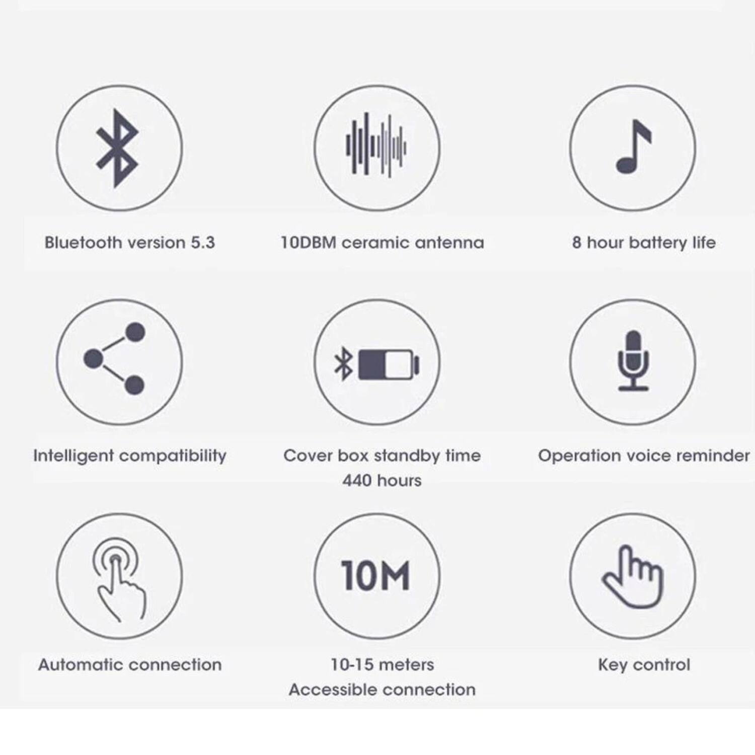 Bluetooth version 5.3  
10DBM ceramic antenna  
8 hour battery life  
Intelligent compatibility  
Cover box standby time 440 hours  
Operation voice reminder  
Automatic connection  
10-15 meters Accessible connection  
Key control