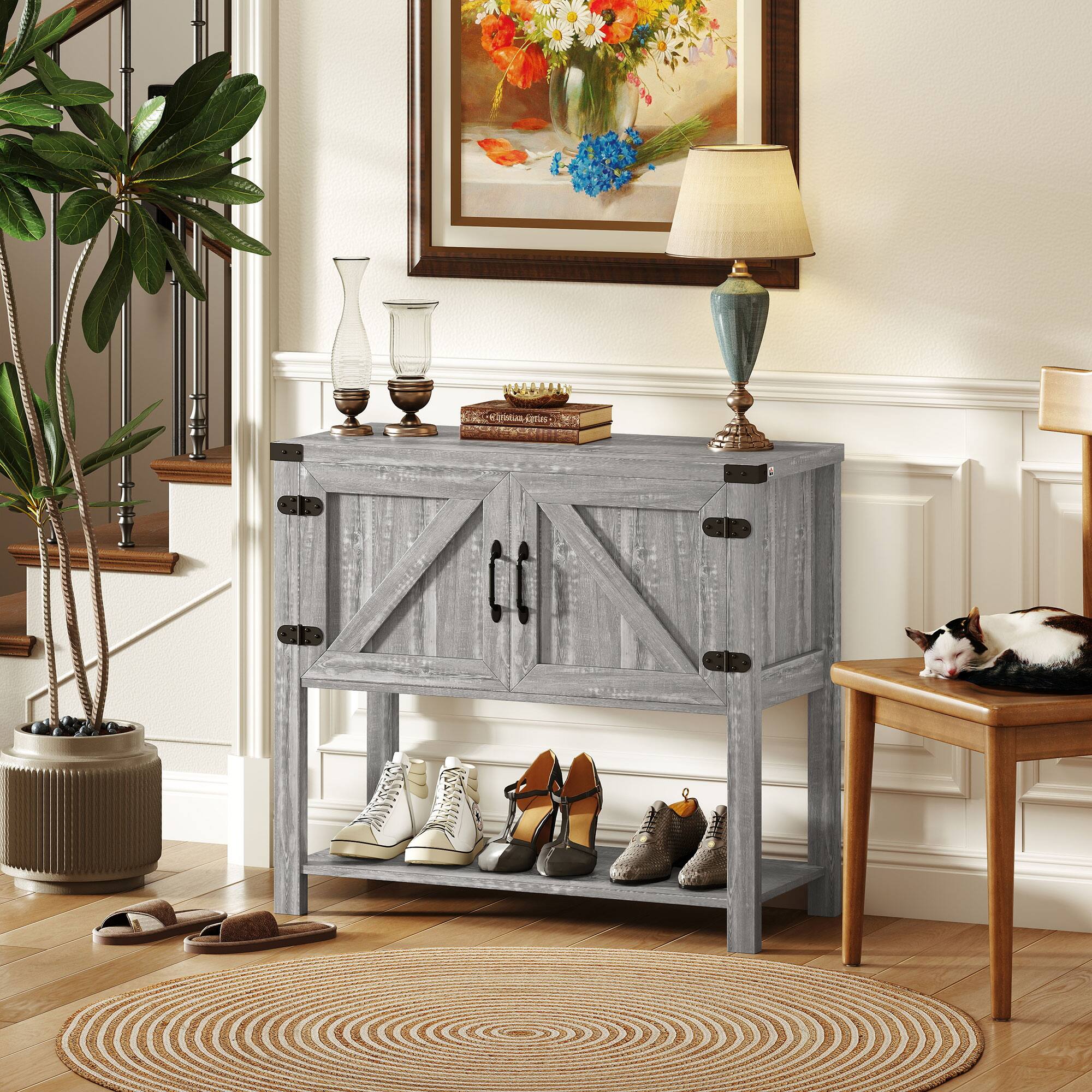 Alt View 1. Homcom - Farmhouse Double Door Coffee Bar Cabinet, Console Table, Sideboard Buffet Cabinet with Bottom Shelf for Living Room - Light Gray.