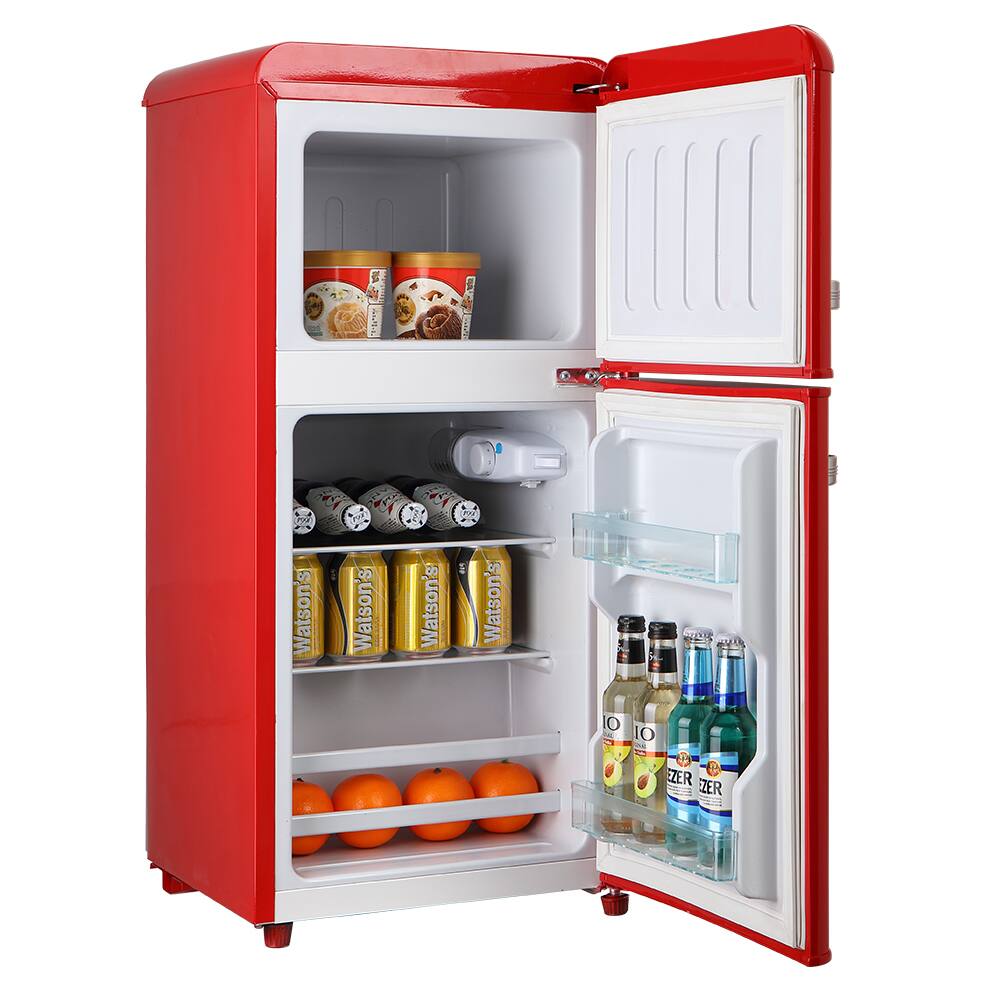 Angle. Aukfa - 3.5Cu.Ft Compact Refrigerator with Freezer - 2 Door, 7 Level Thermostat, Removable Shelves for Kitchen/Dorm/Office - Red.