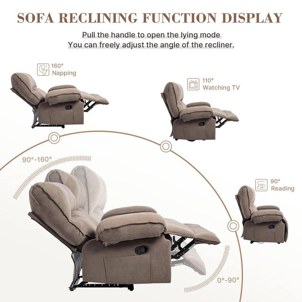 SOFA RECLINING FUNCTION DISPLAY

Pull the handle to open the lying mode.  
You can freely adjust the angle of the recliner.

- 160° Napping
- 110° Watching TV
- 90° Reading

90°–160°  
0°–90°