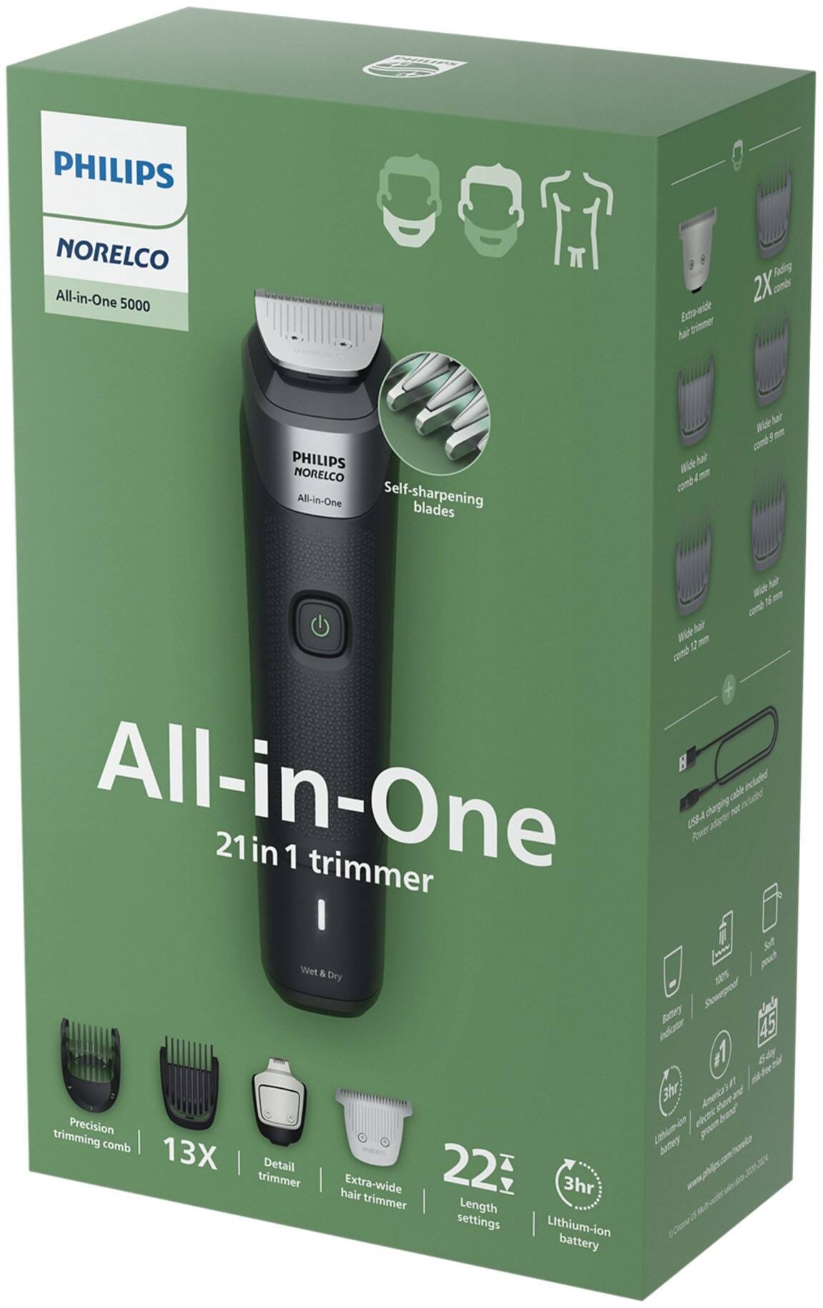 PHILIPS NORELCO All-in-One 5000  
Eto aice har thimmer Roding 2X. combs  
PHILIPS NORELCO All-in-One Self-sharpening blades Mice har 4 mn camd Bi har f m cand far ni en o cand Aar Mice m 12 camd  
All-in-One aN Pclded dugiy N rcidd USGA Asgn Awer 21in 21 in 1 trimmer I st puc Wet & Dry aPs Stouepedf Bonery idatr #1 6-4 # 3hr Amenia sne bond"  
Precision e trimming | Lhim-in botey prom comb 13X I Detail 22 trimmer | Extra-wide 3hr hair trimmer Length settings Lithium-ion battery