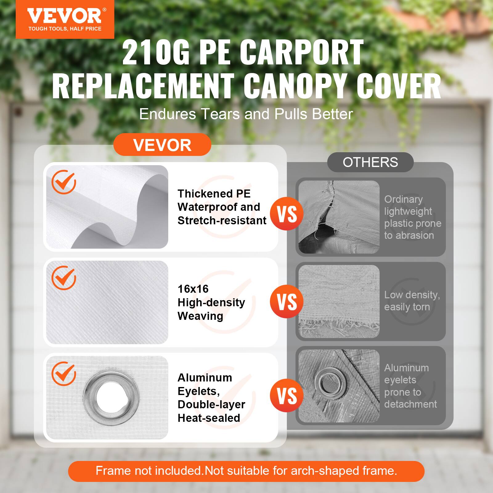 VEVOR TOUGH TOOLS, HALF PRICE 210G PE CARPORT REPLACEMENT CANOPY COVER Endures Tears and Pulls Better
VEVOR
OTHERS
Thickened PE Waterproof and Stretch-resistant VS Ordinary lightweight plastic prone to abrasion
16x16 High-density Weaving VS Low density, easily torn
Aluminum Eyelets, Double-layer Heat-sealed VS Aluminum eyelets prone to detachment
Frame not included. Not suitable for arch-shaped frame.