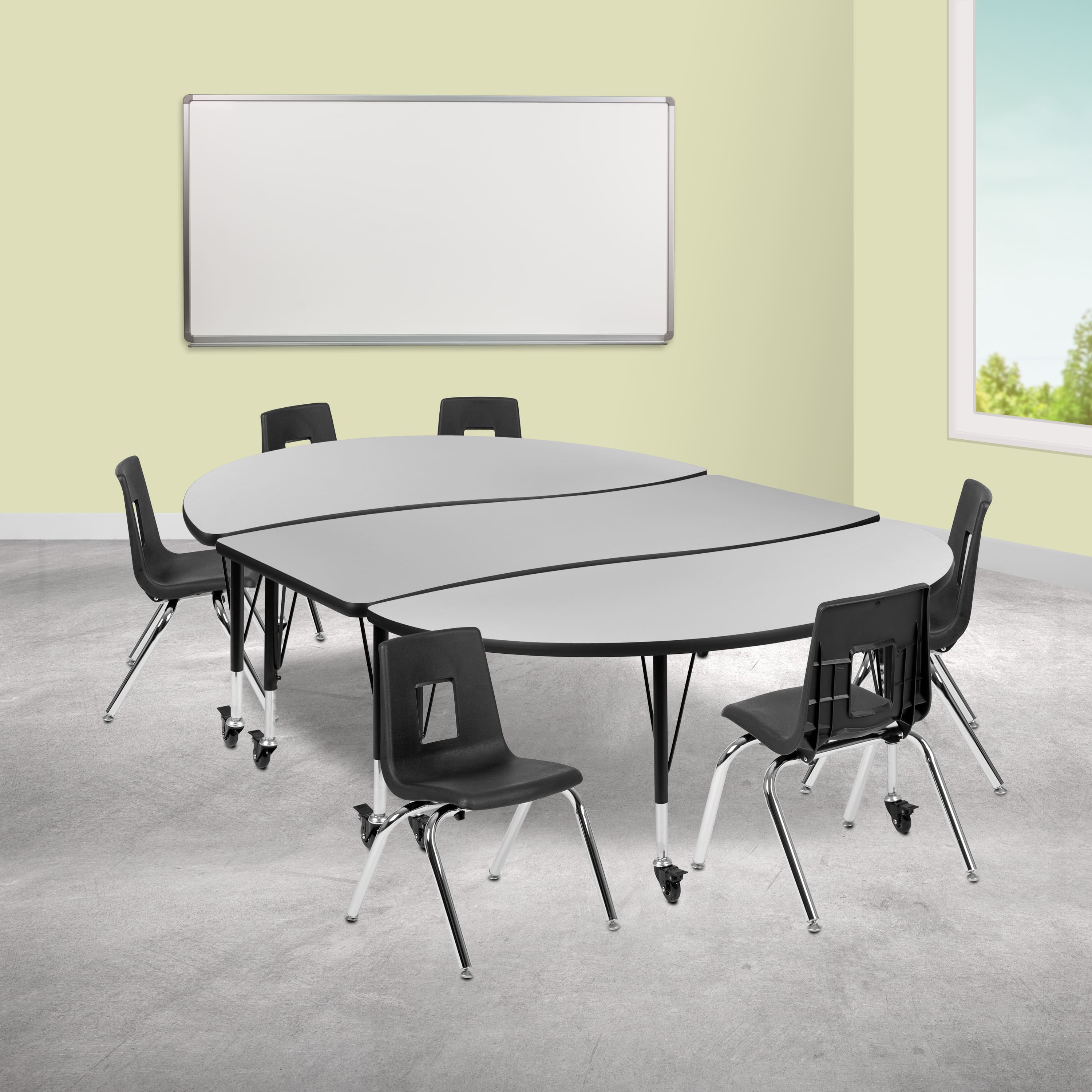 "Emma + Oliver - Mobile 86"" Oval Wave Collaborative Laminate Activity Table Set with 14"" Student Stack Chairs, Grey/Black - Gray" price history on PriceWatchPro