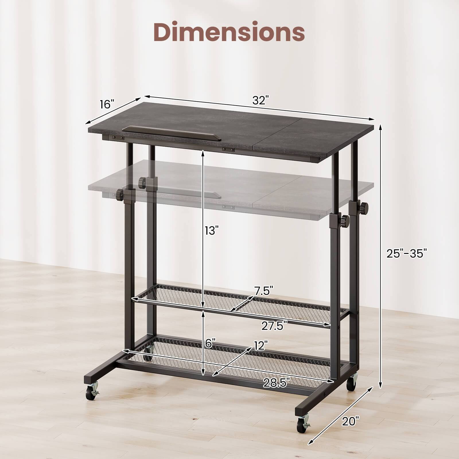 The dimensions of the table are 16" x 32" x 13" x 25"-35" x 7.5" x 6" x 27.5" x 12" x 28.5" x 20".
