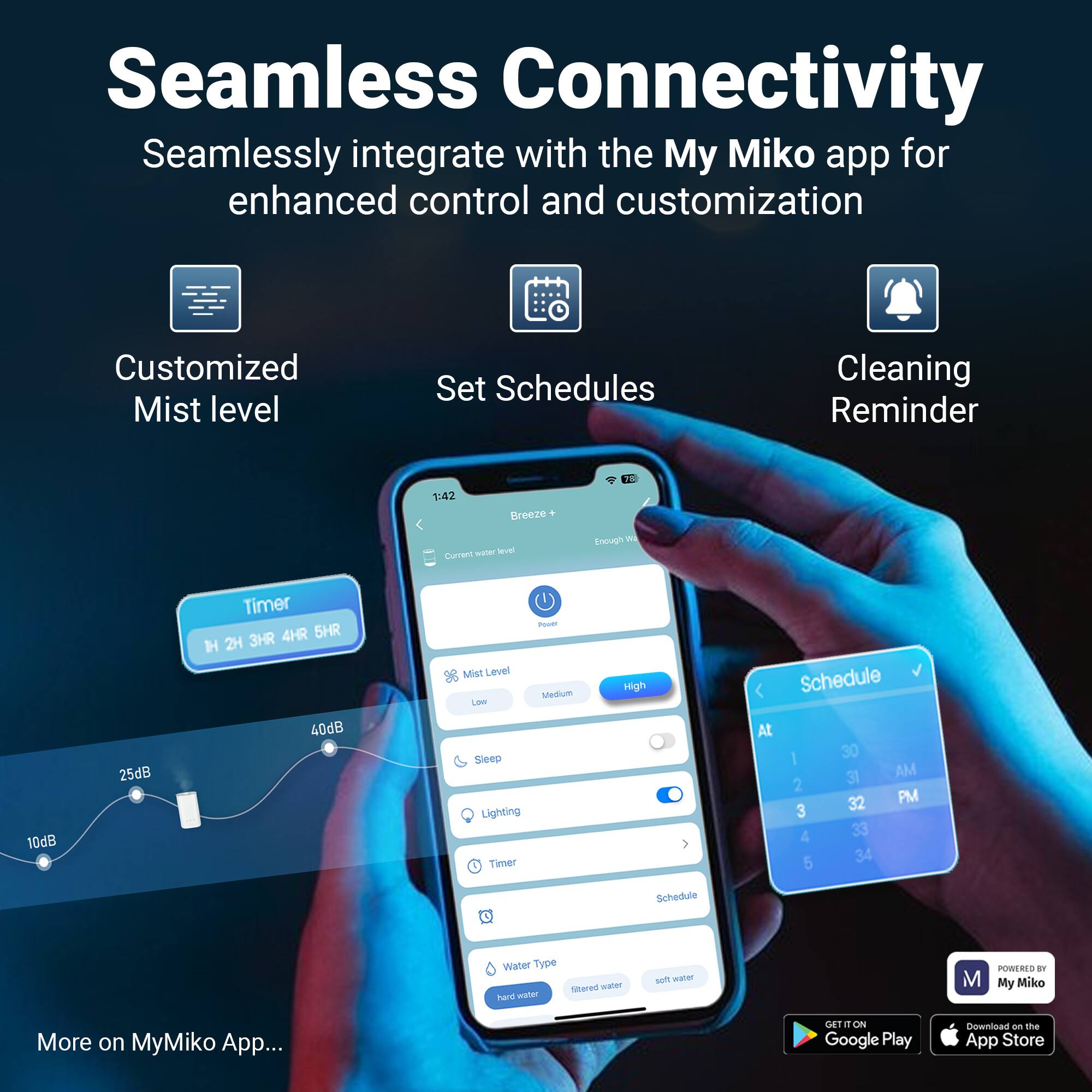 Seamless Connectivity

Seamlessly integrate with the My Miko app for enhanced control and customization

Customized Mist level
Set Schedules
Cleaning Reminder

1:42 Breeze
Current wE level
Enough w
Timer
4HR 5HR TH 2H 3HR
Mist Level Loe
Power Medium High
Schedule
10dB 25dB 40dB
Sleep
Lighting
Timer
At I 2 3 4 5 30 31 32 33 34 AM PM
Schedule
Water Type Stered waten hare - sm wee

POWERED - M My Miko
More on MyMiko App...
AS I ON Google Play
Download n the App Store