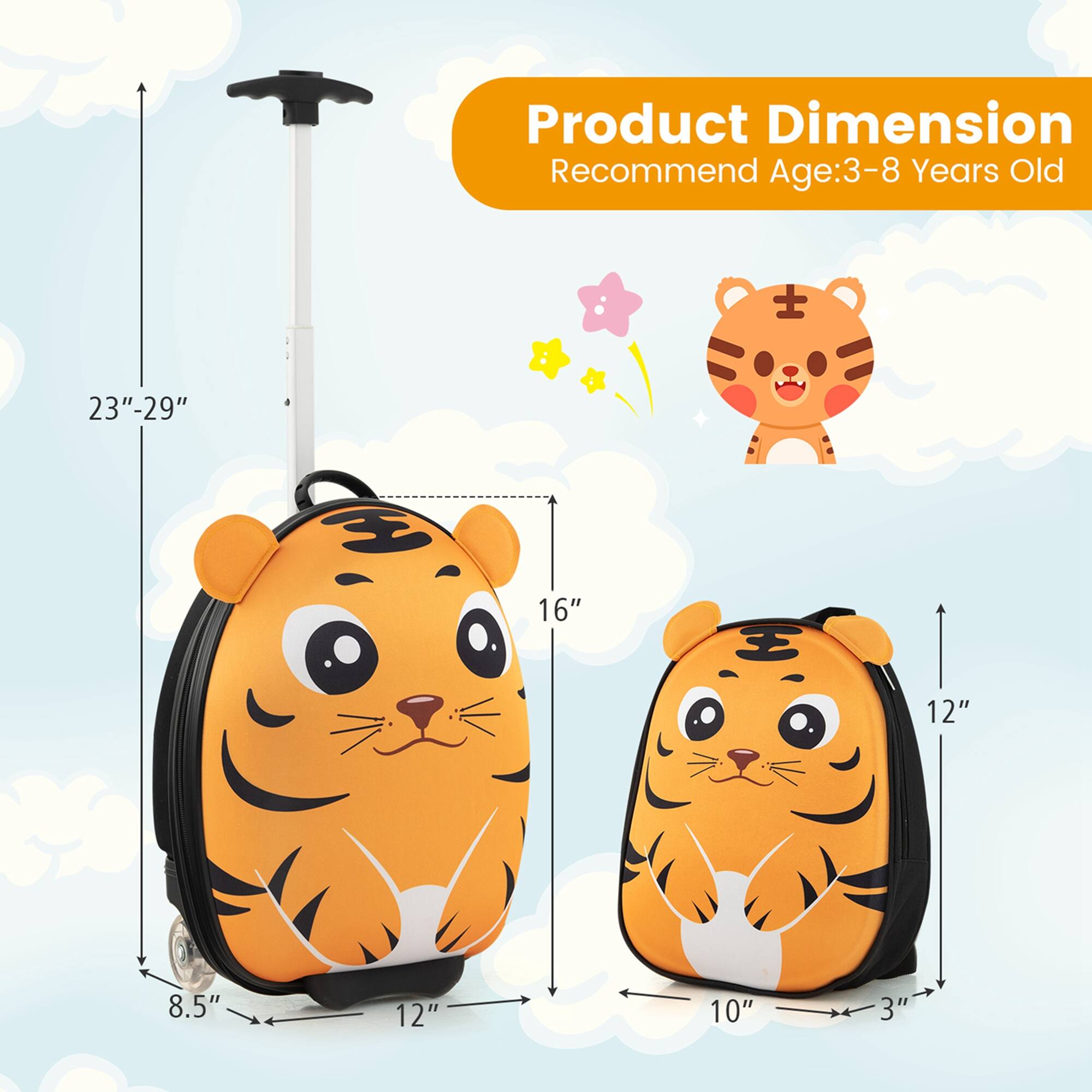 Costway 2PCS Kids Carry On Luggage Set 16'' Tiger Rolling Suitcase with