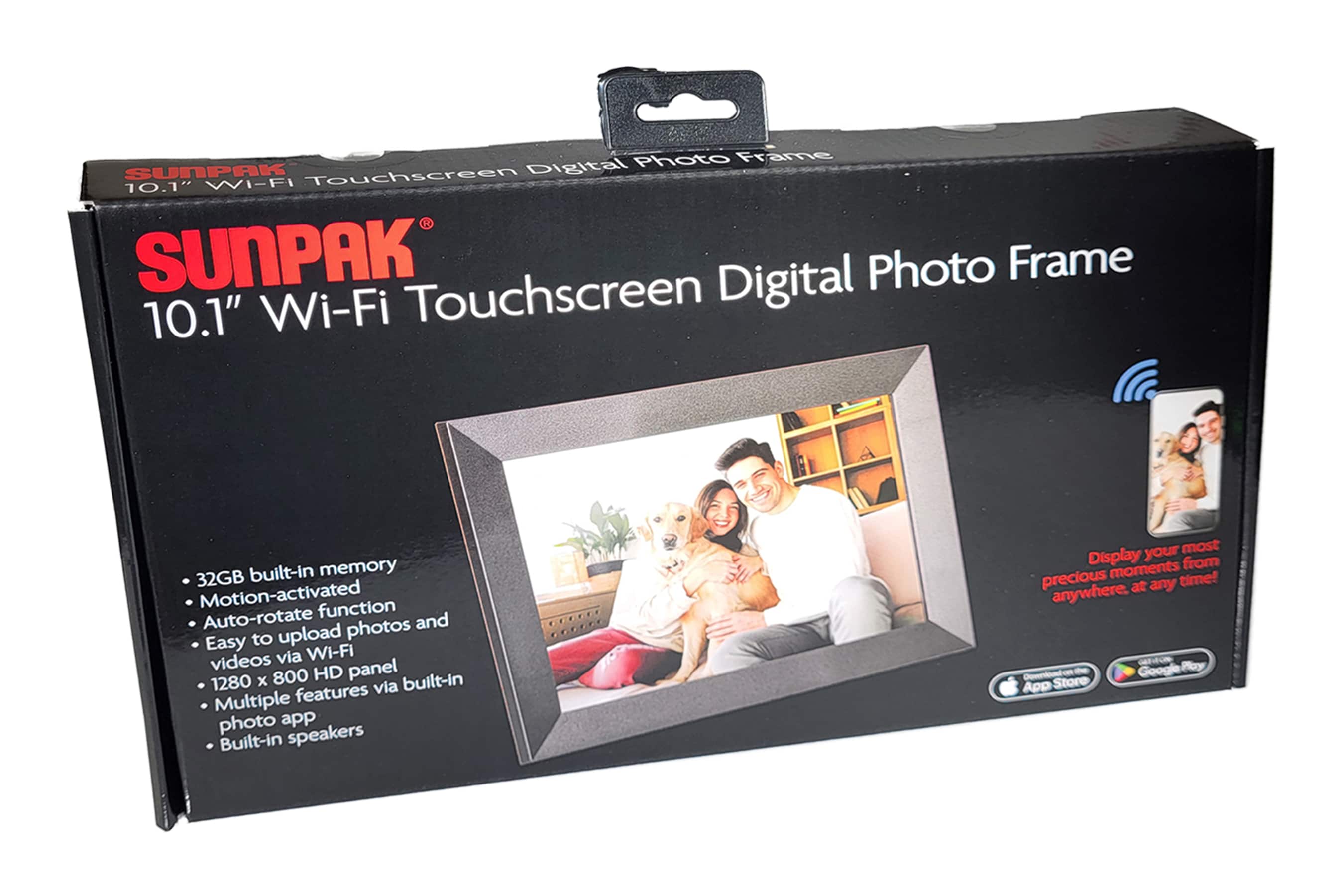 Photo Frame SUNPAK Touchscreen Digital 10.1" Wi-Fi 32GB built-in memory Motion-activated function Auto-rotate photos and Easy to upload videos via Wi-Fi x 800 HD panel built-in 1280 features via Multiple photo app Built-in speakers your most Display from precious moments time! anywhere. at any CN Play - Google App Store