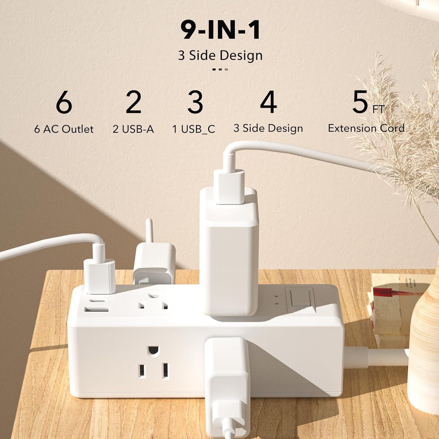 9-IN-1  
3 Side Design  
6 AC Outlet  
2 USB-A  
1 USB-C  
3 Side Design  
5 FT Extension Cord