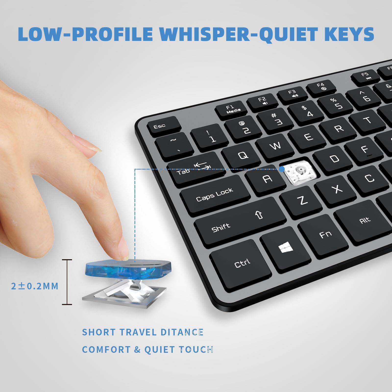 LOW-PROFILE WHISPER-QUIET KEYS

SHORT TRAVEL DISTANCE
COMFORT & QUIET TOUCH

2±0.2MM