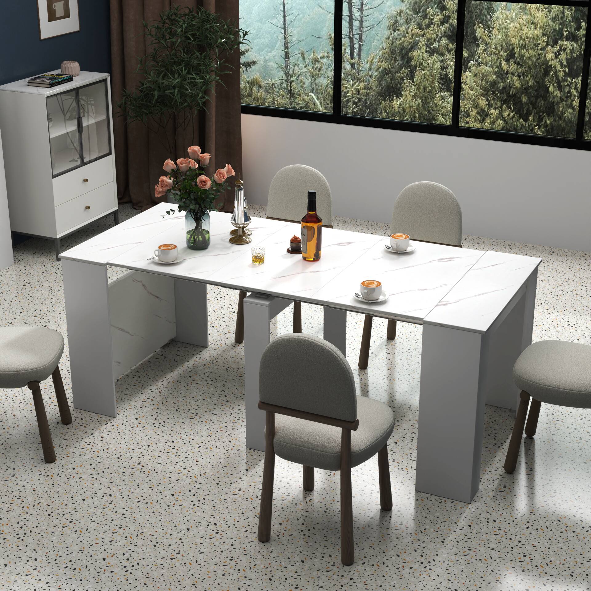 Back. Tiramisubest - Multifunctional extendable console dining table, White Marble - White,White Marble.