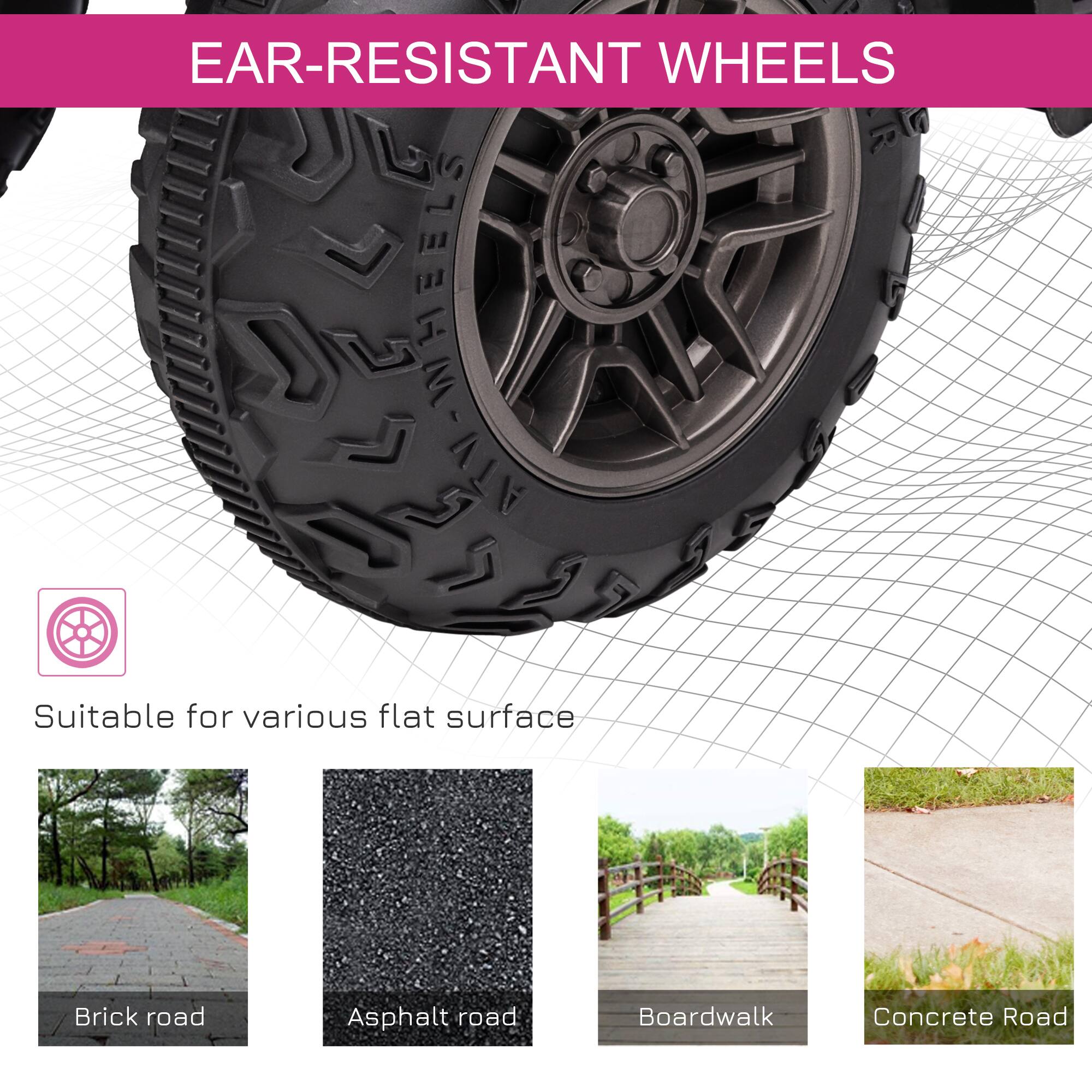 EAR-RESISTANT WHEELS

Suitable for various flat surfaces

- Brick road
- Asphalt road
- Boardwalk
- Concrete Road
